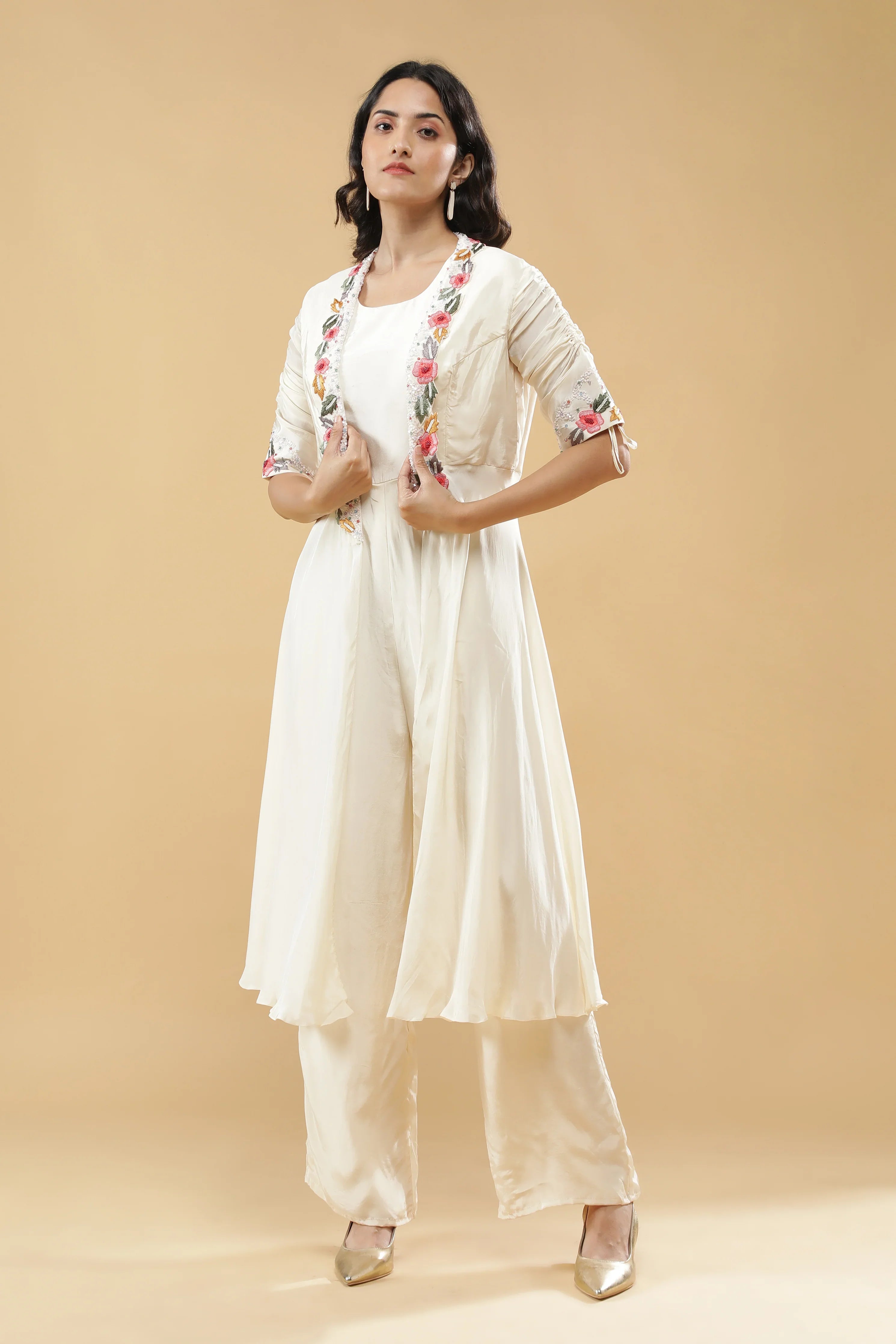Ivory Silk Jumpsuit with Jacket - Mokshaa