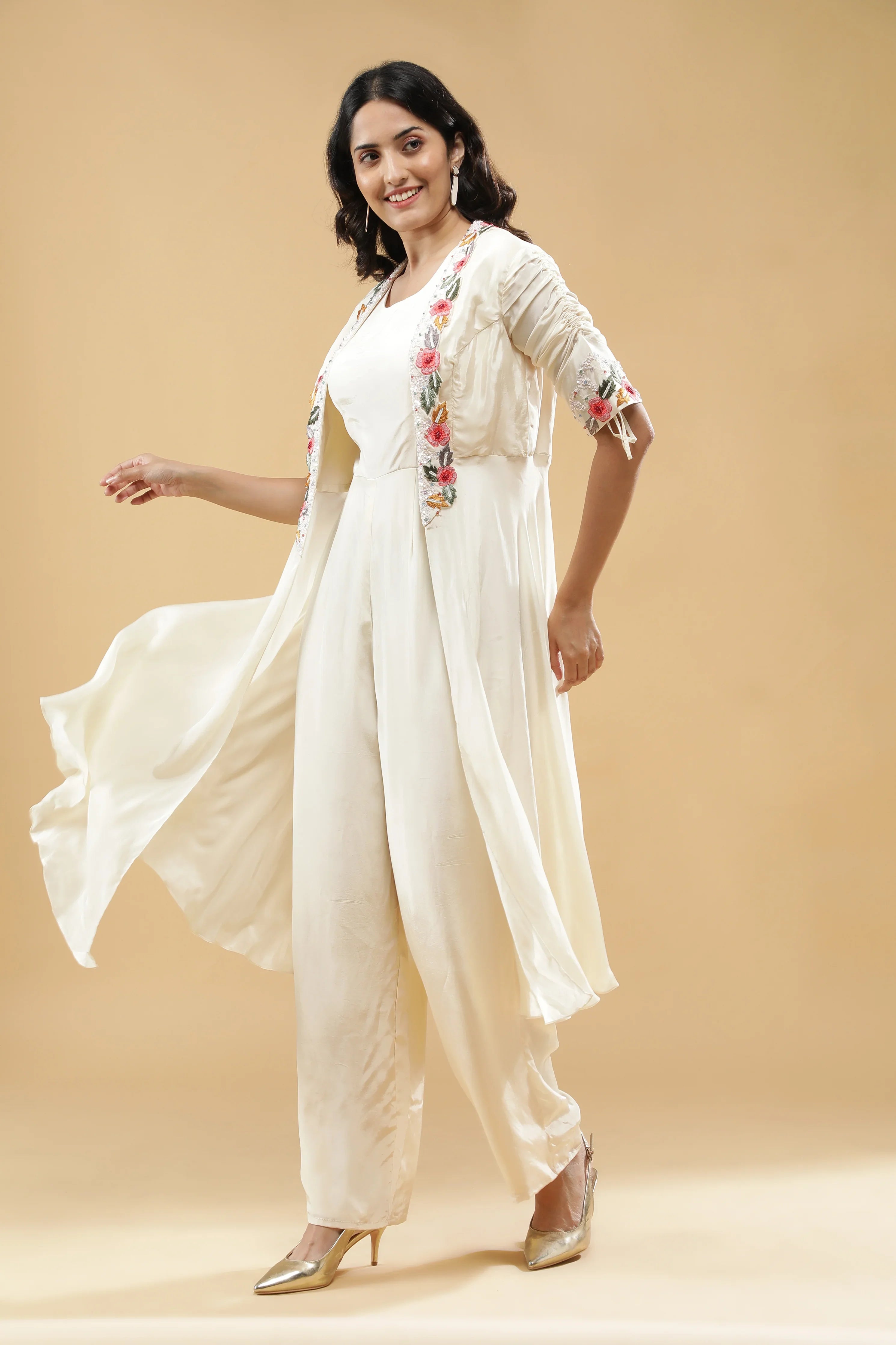 Ivory Silk Jumpsuit with Jacket - Mokshaa