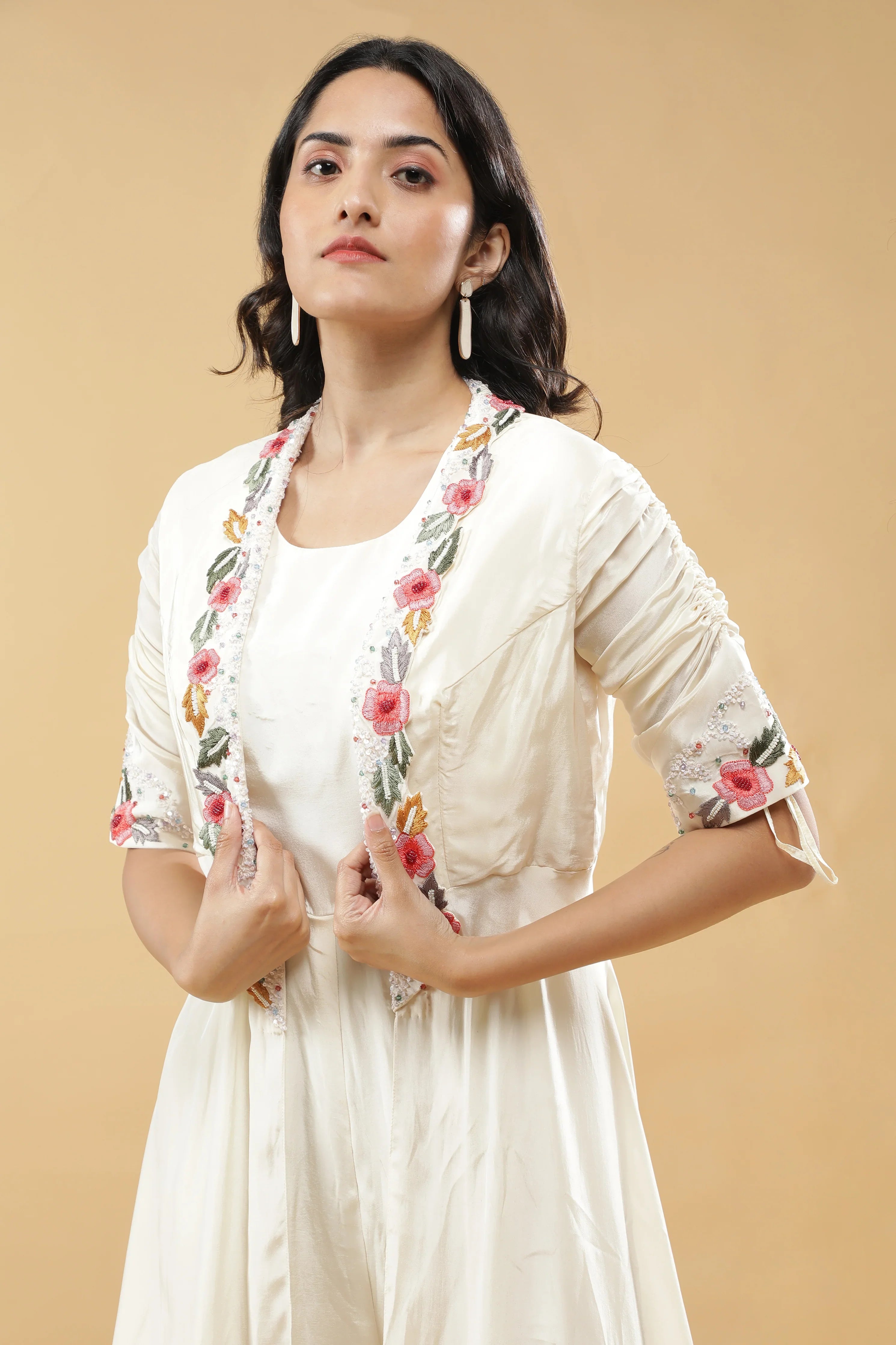 Ivory Silk Jumpsuit with Jacket - Mokshaa