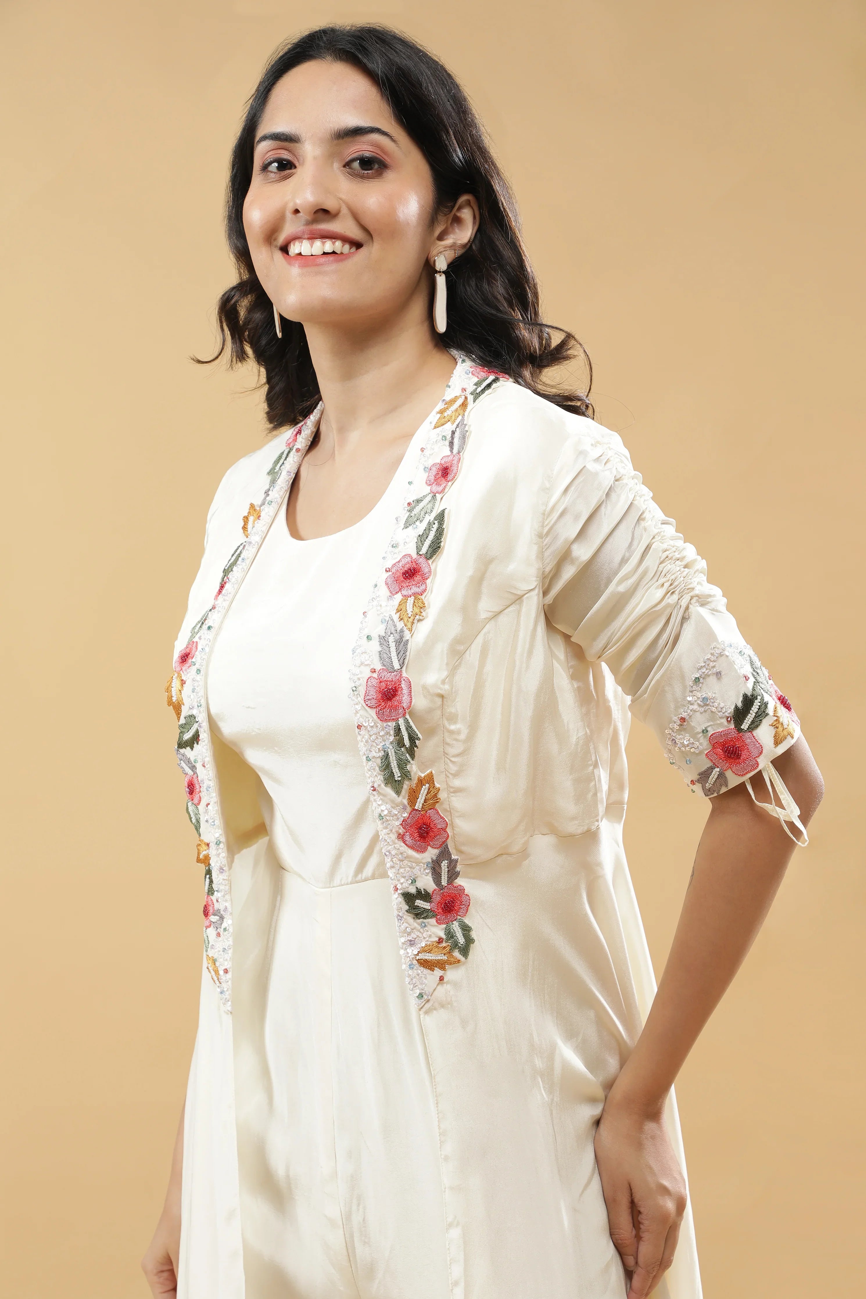 Ivory Silk Jumpsuit with Jacket - Mokshaa