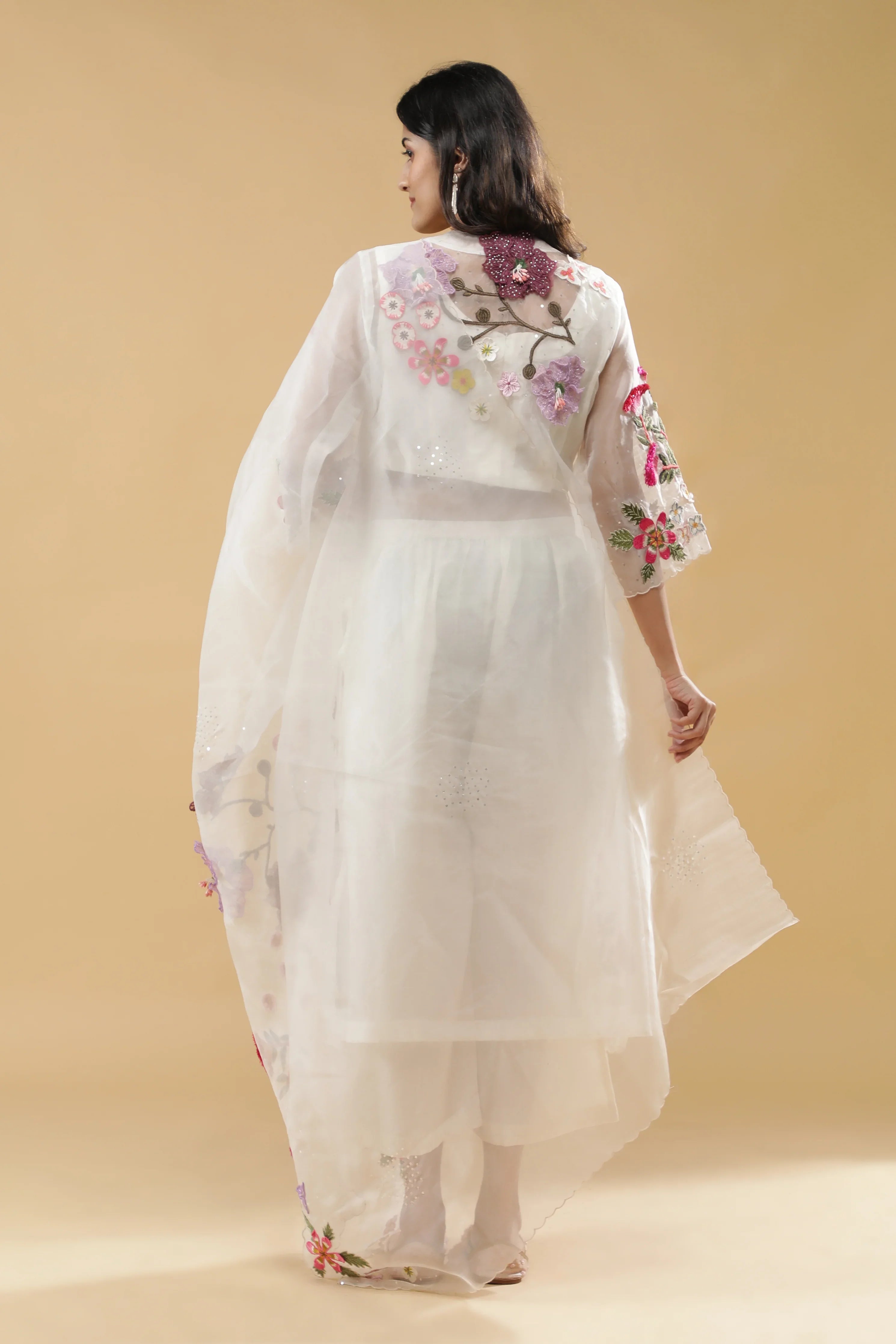 Ivory Organza Floral Embroidered Suit Set - Mokshaa