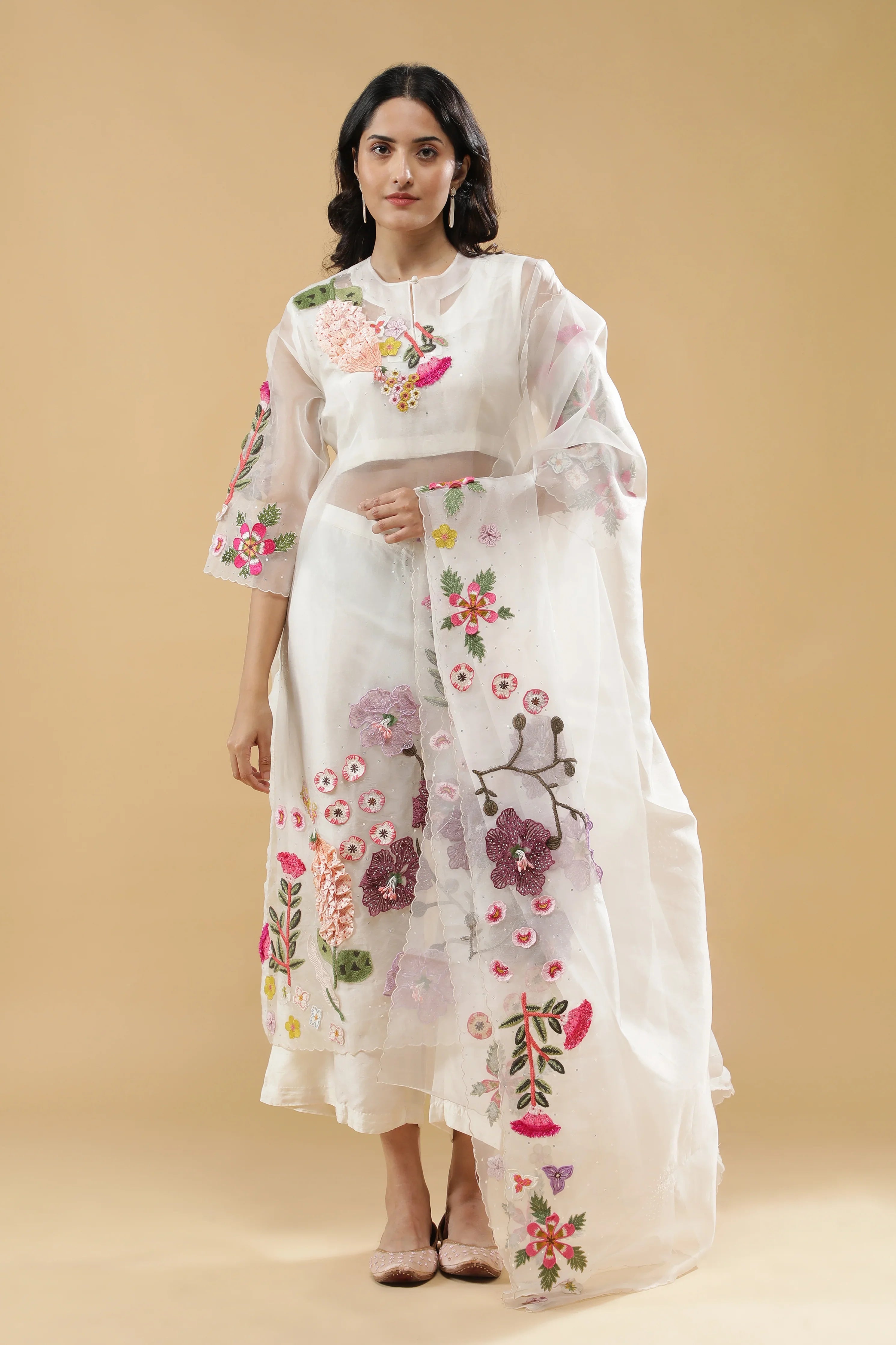Ivory Organza Floral Embroidered Suit Set - Mokshaa