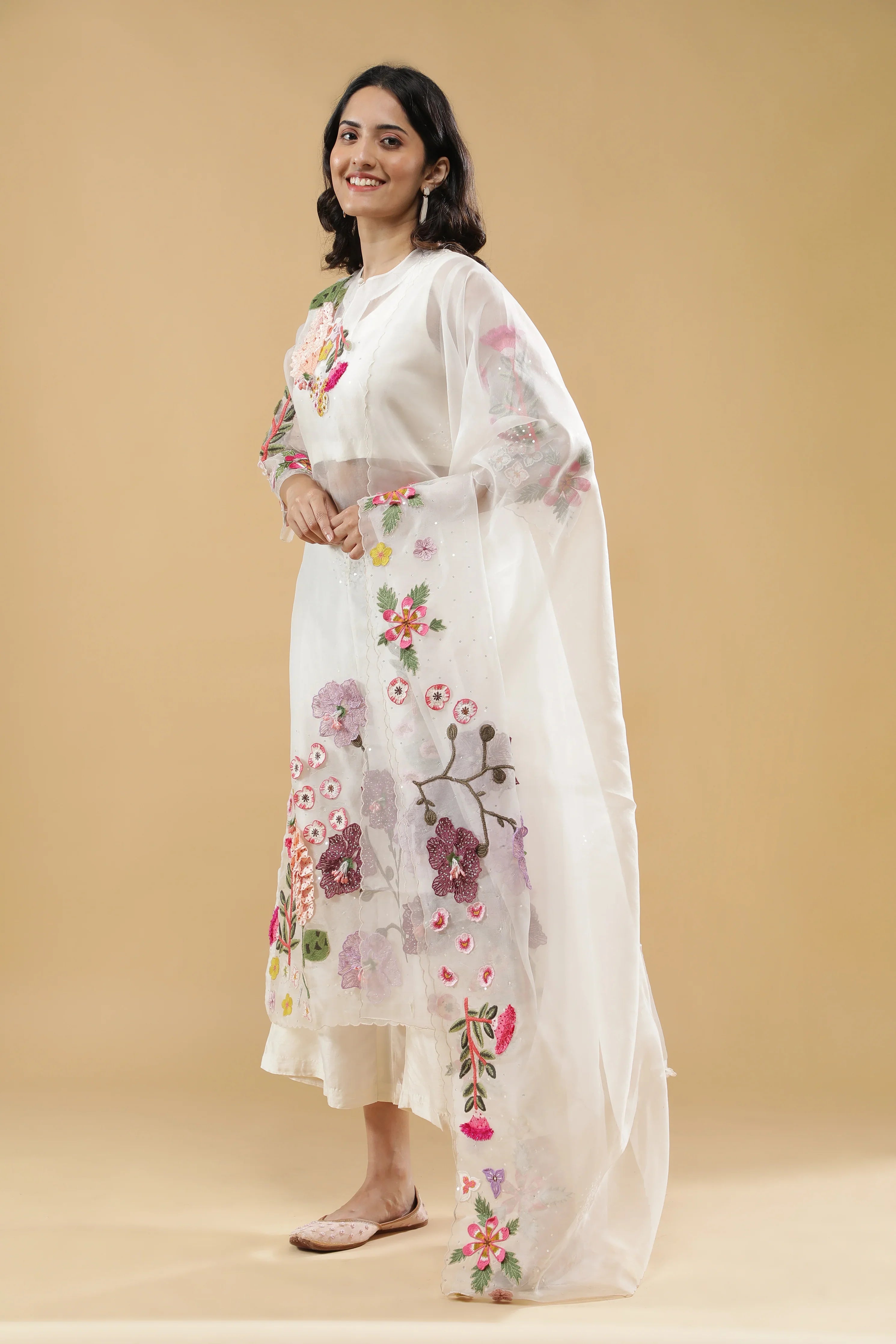 Ivory Organza Floral Embroidered Suit Set - Mokshaa