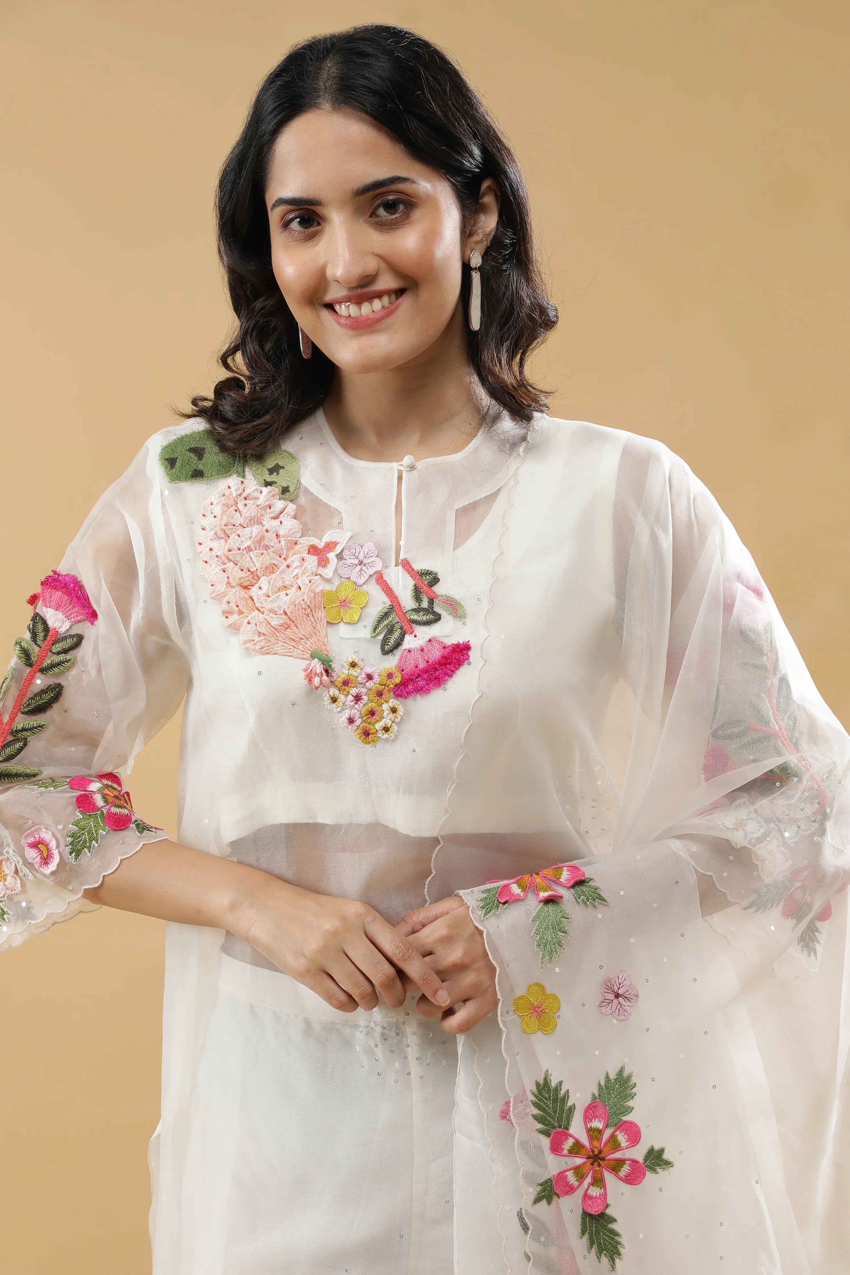 Ivory Organza Floral Embroidered Suit Set - Mokshaa