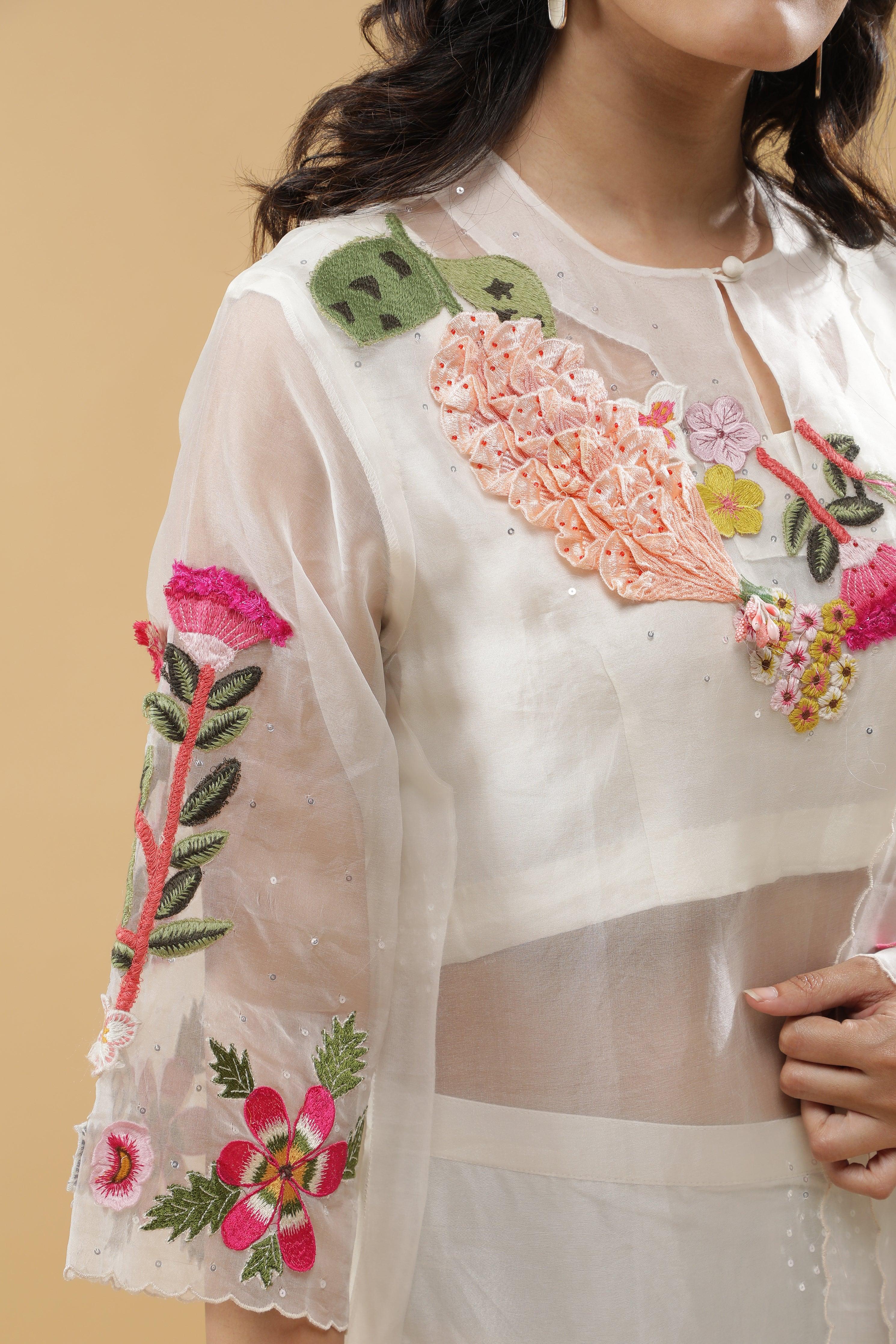 Ivory Organza Floral Embroidered Suit Set - Mokshaa