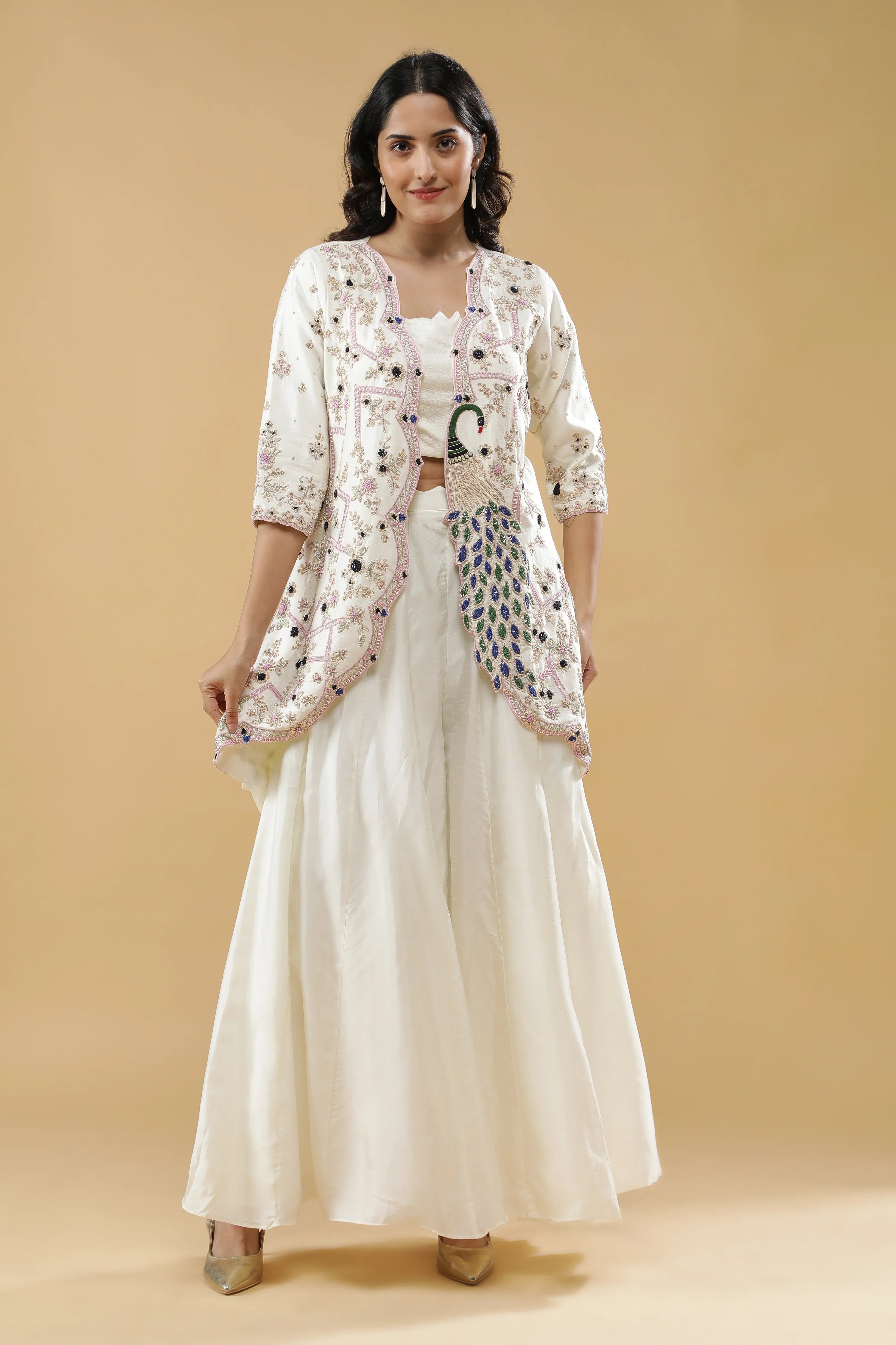 Ivory Embroidered Jacket Set - Mokshaa