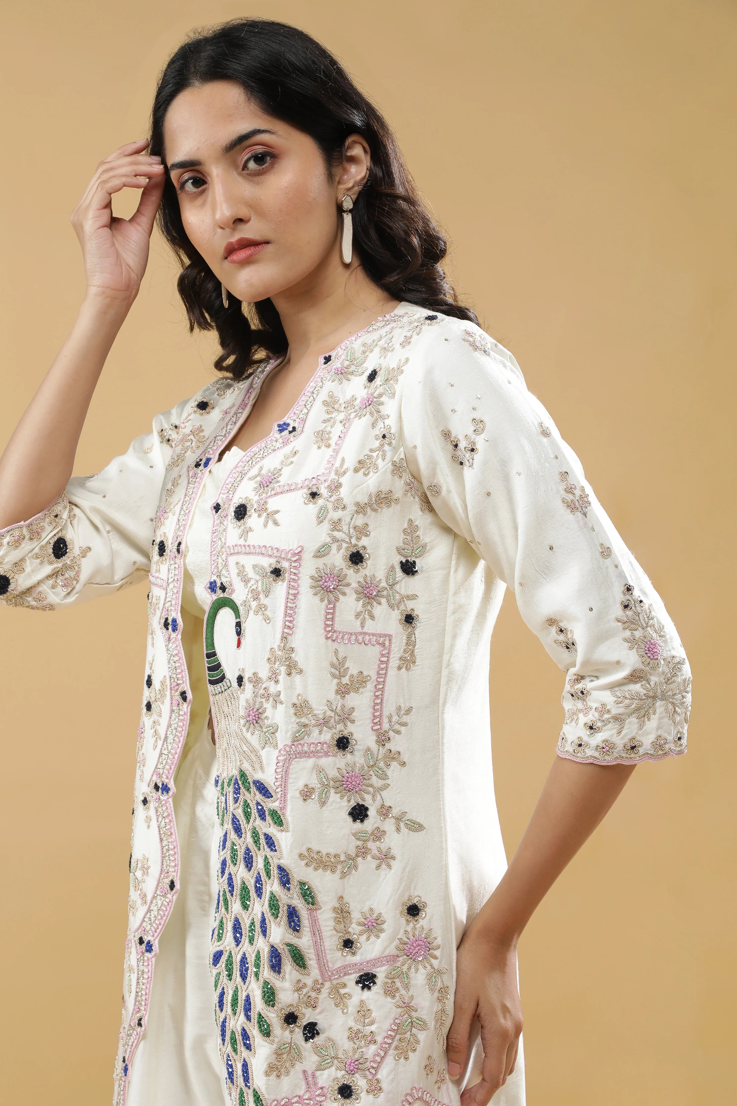 Ivory Embroidered Jacket Set - Mokshaa