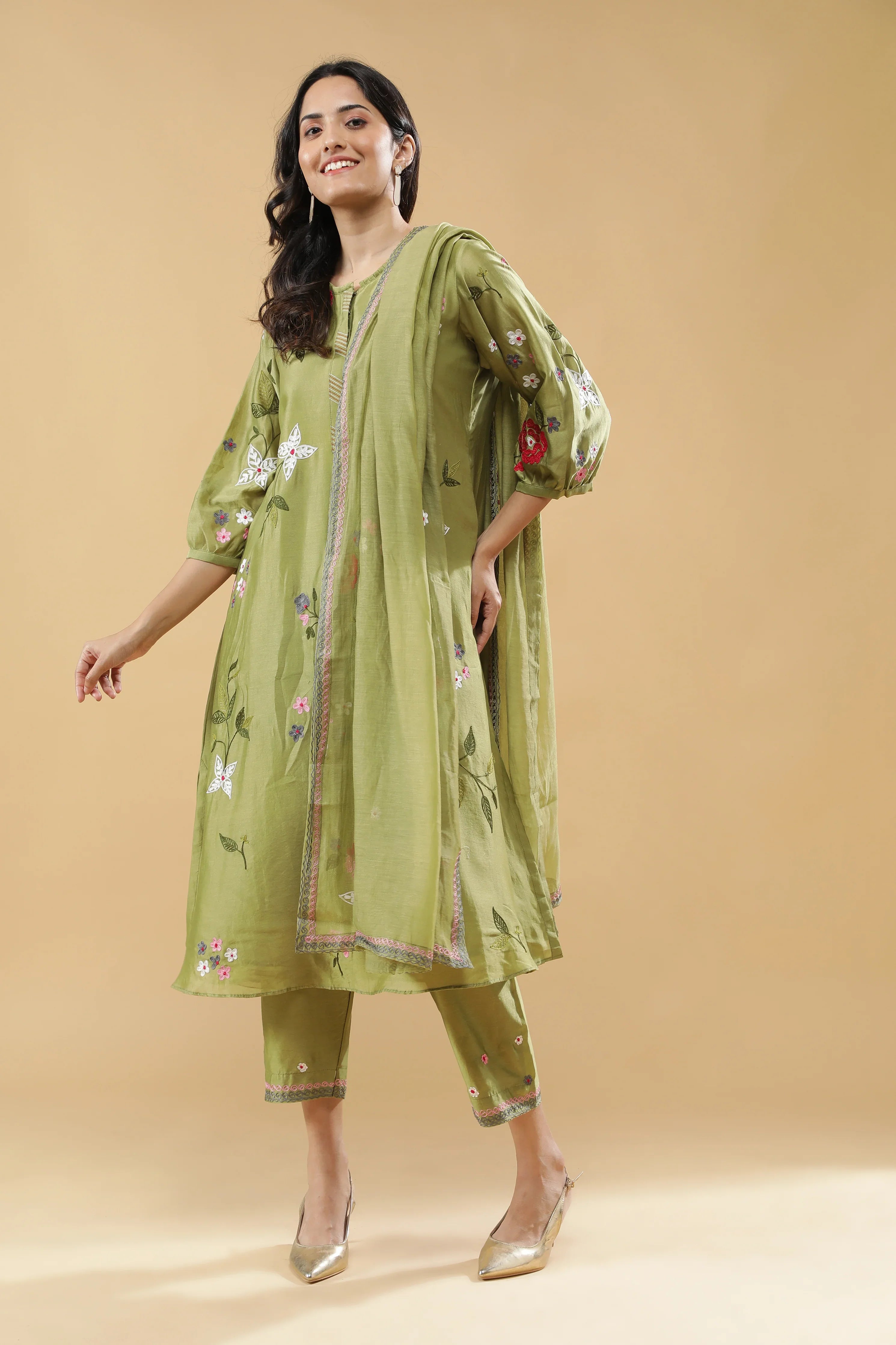 Sage Green Floral Embroidered Salwar Set - Mokshaa
