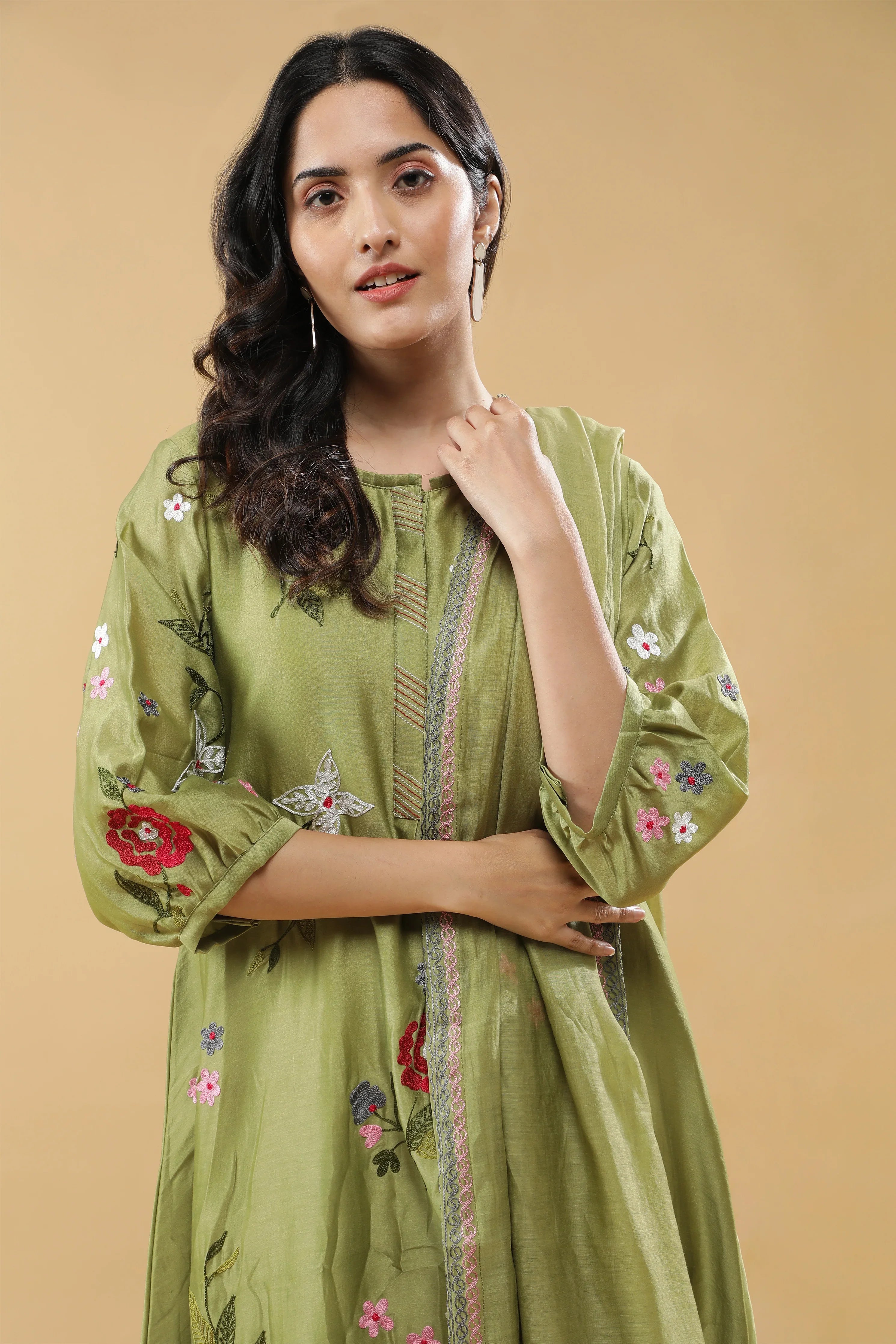 Sage Green Floral Embroidered Salwar Set - Mokshaa