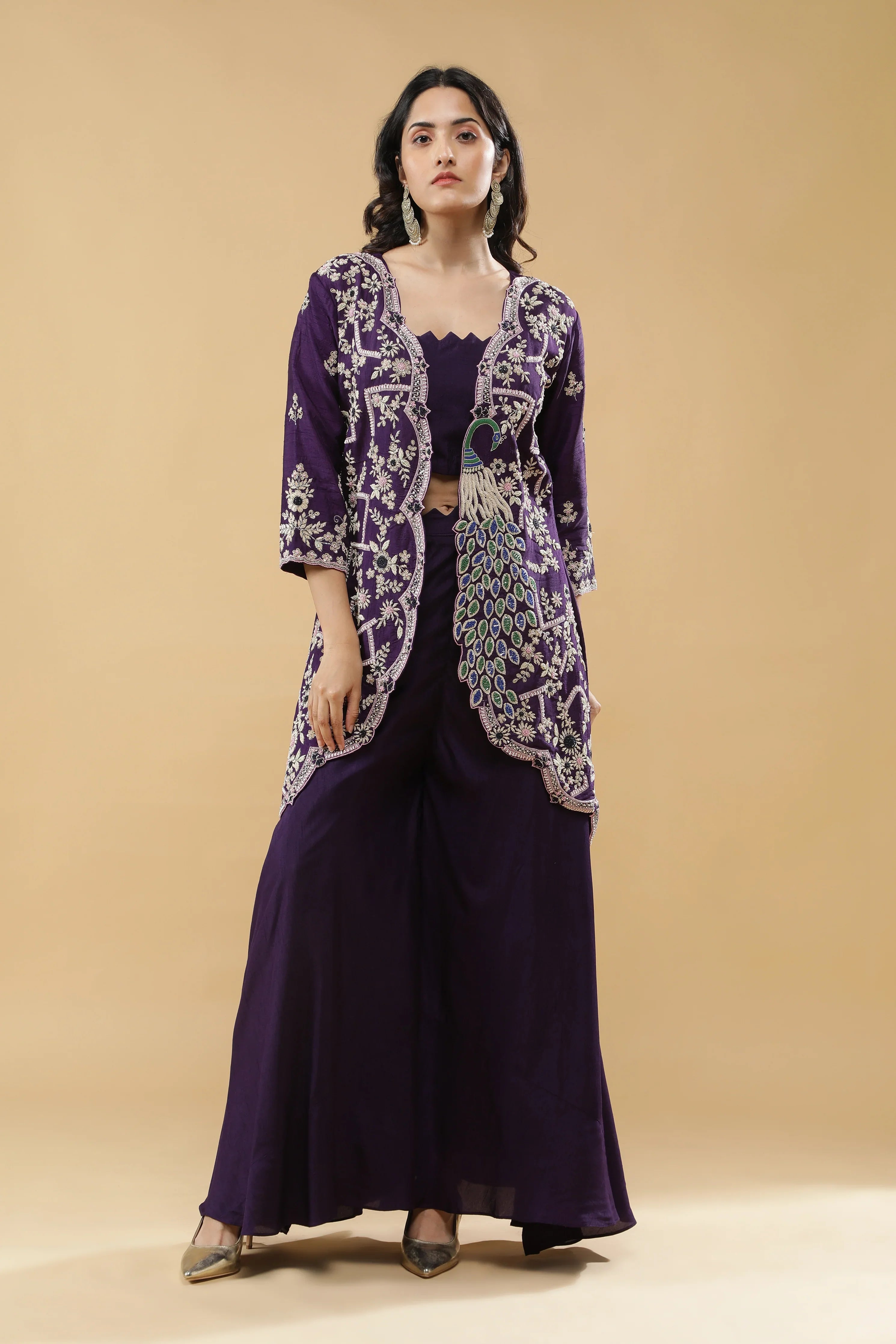 Purple Peacock Embroidered Jacket Set - Mokshaa