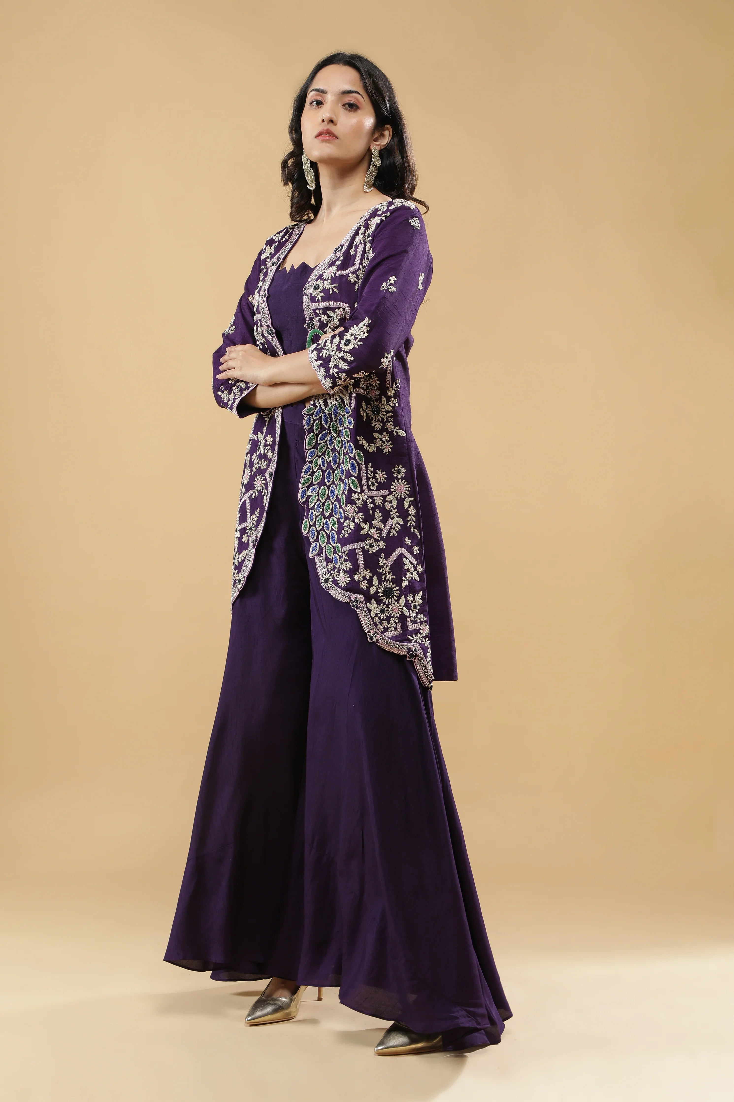 Purple Peacock Embroidered Jacket Set - Mokshaa