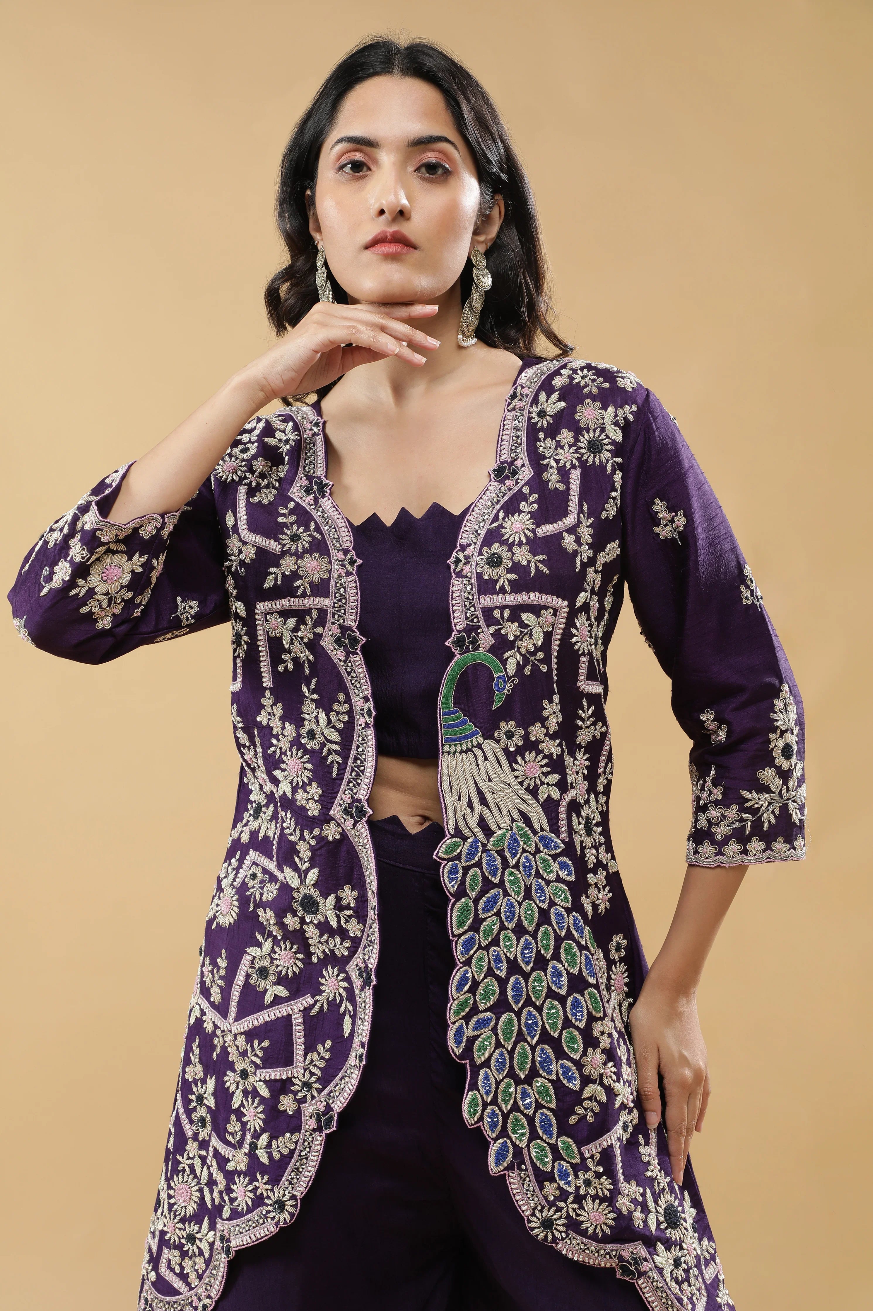Purple Peacock Embroidered Jacket Set - Mokshaa