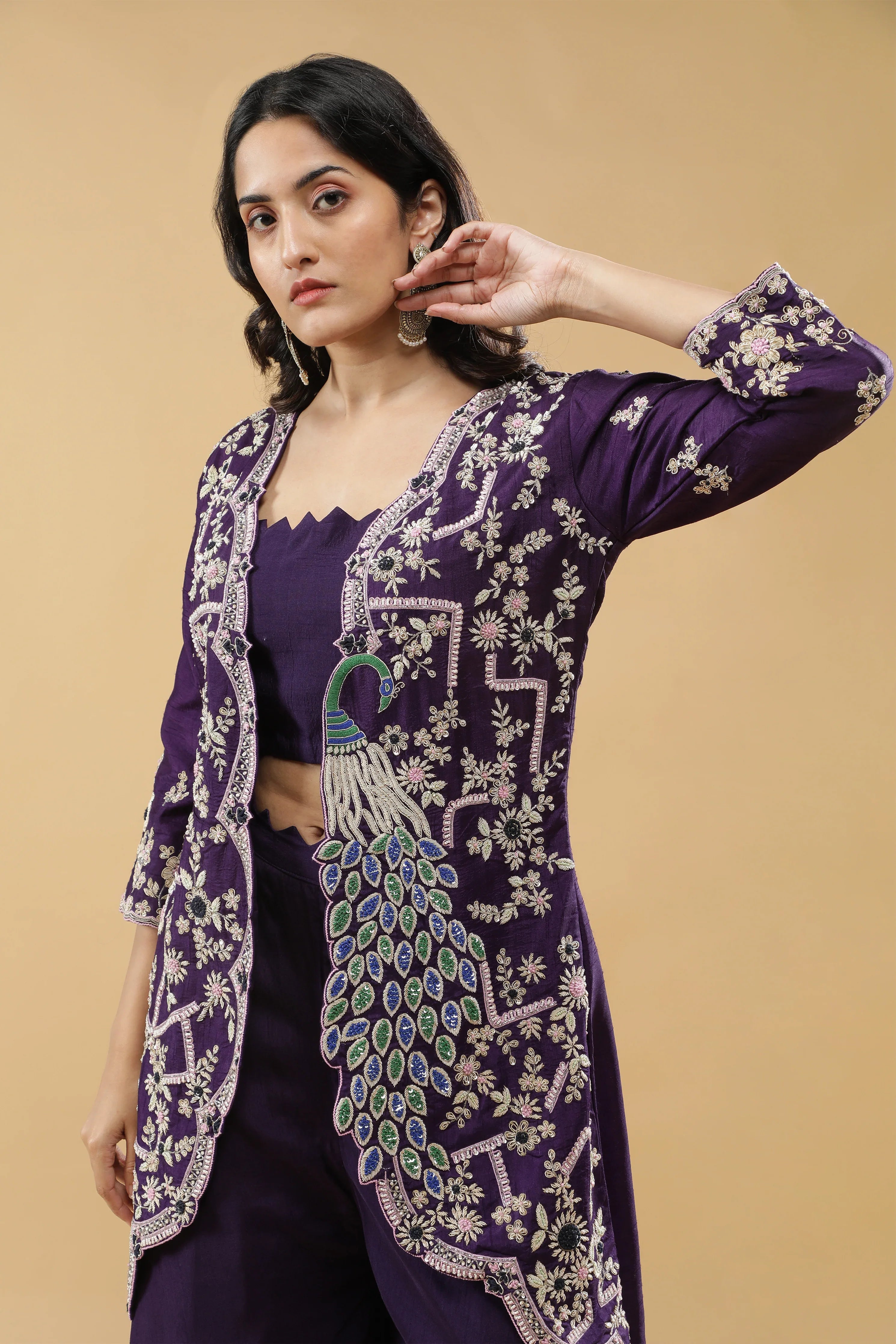 Purple Peacock Embroidered Jacket Set - Mokshaa
