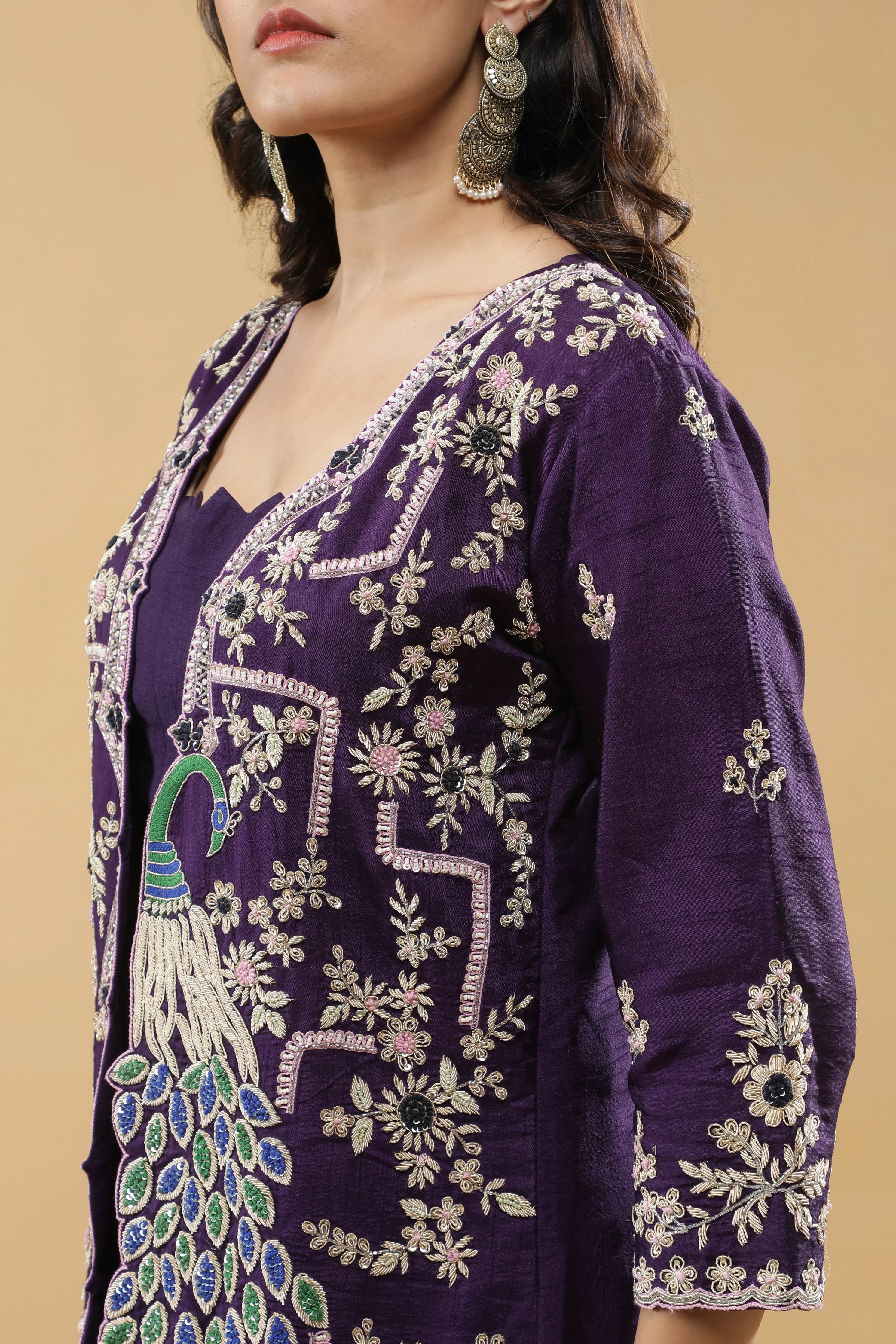 Purple Peacock Embroidered Jacket Set - Mokshaa