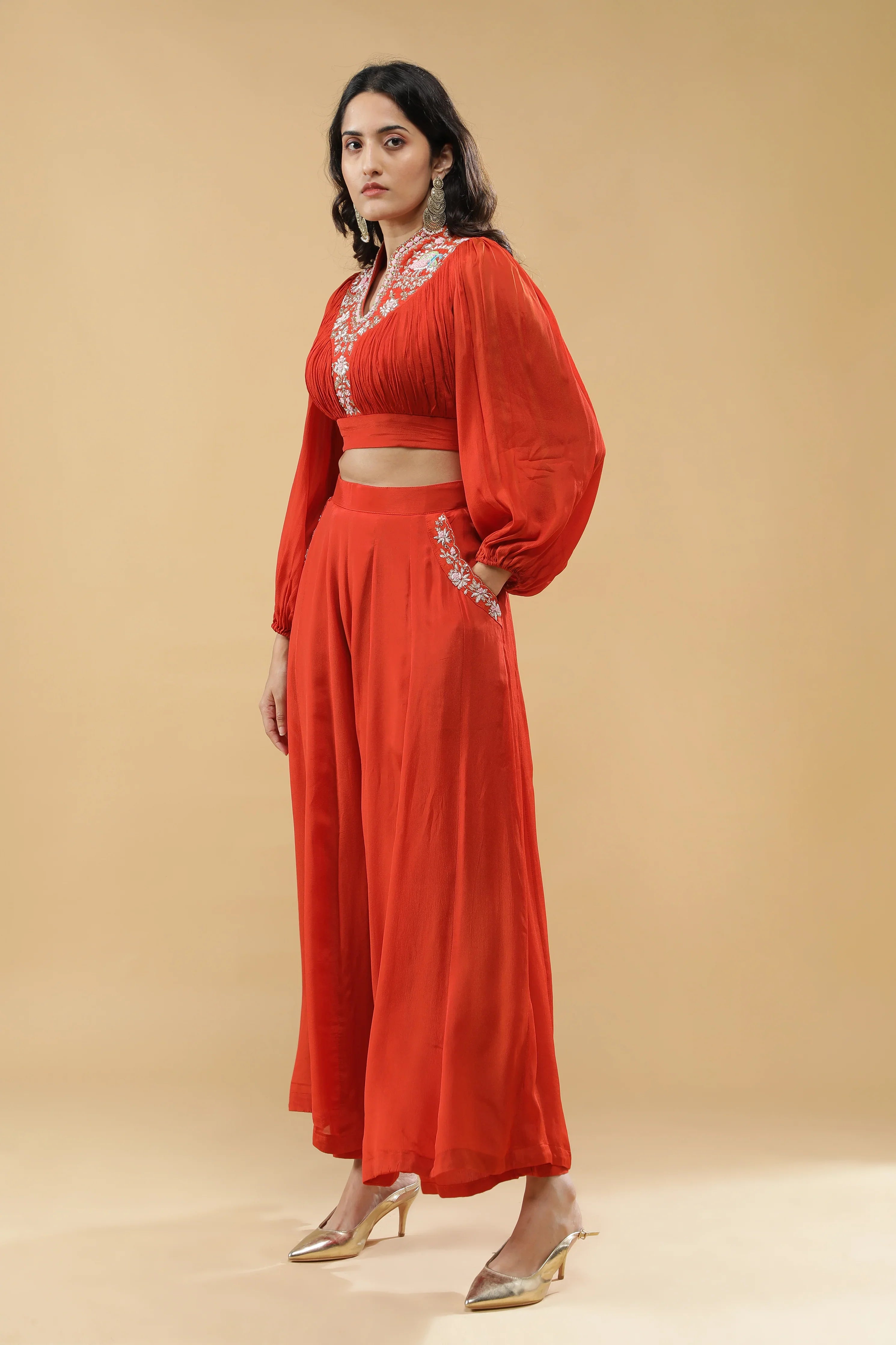 Rust Orange Embroidered Co-ord Set - Mokshaa