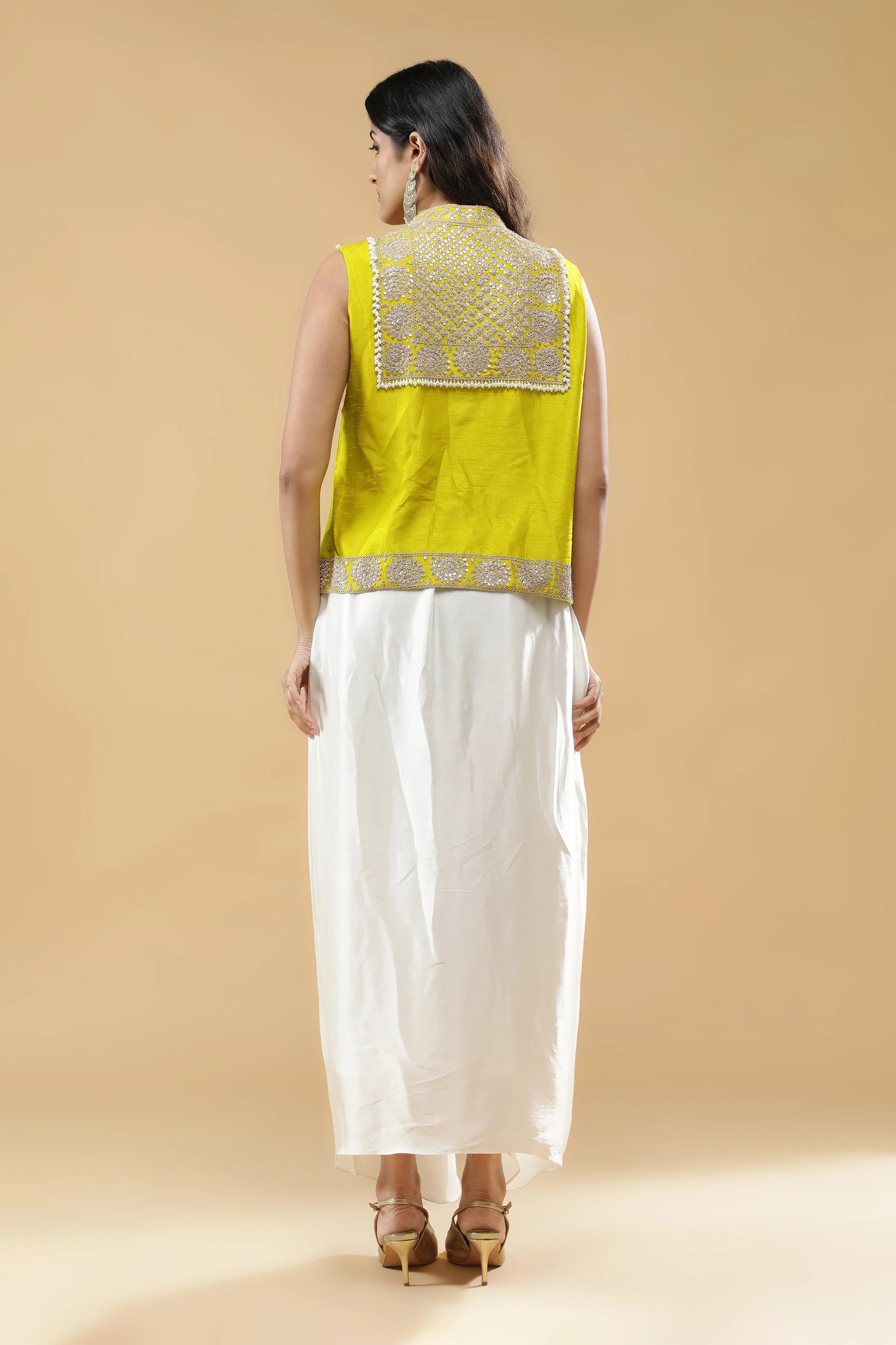 Lime Green Silk Embroidered Top with Off White Drape Skirt - Mokshaa
