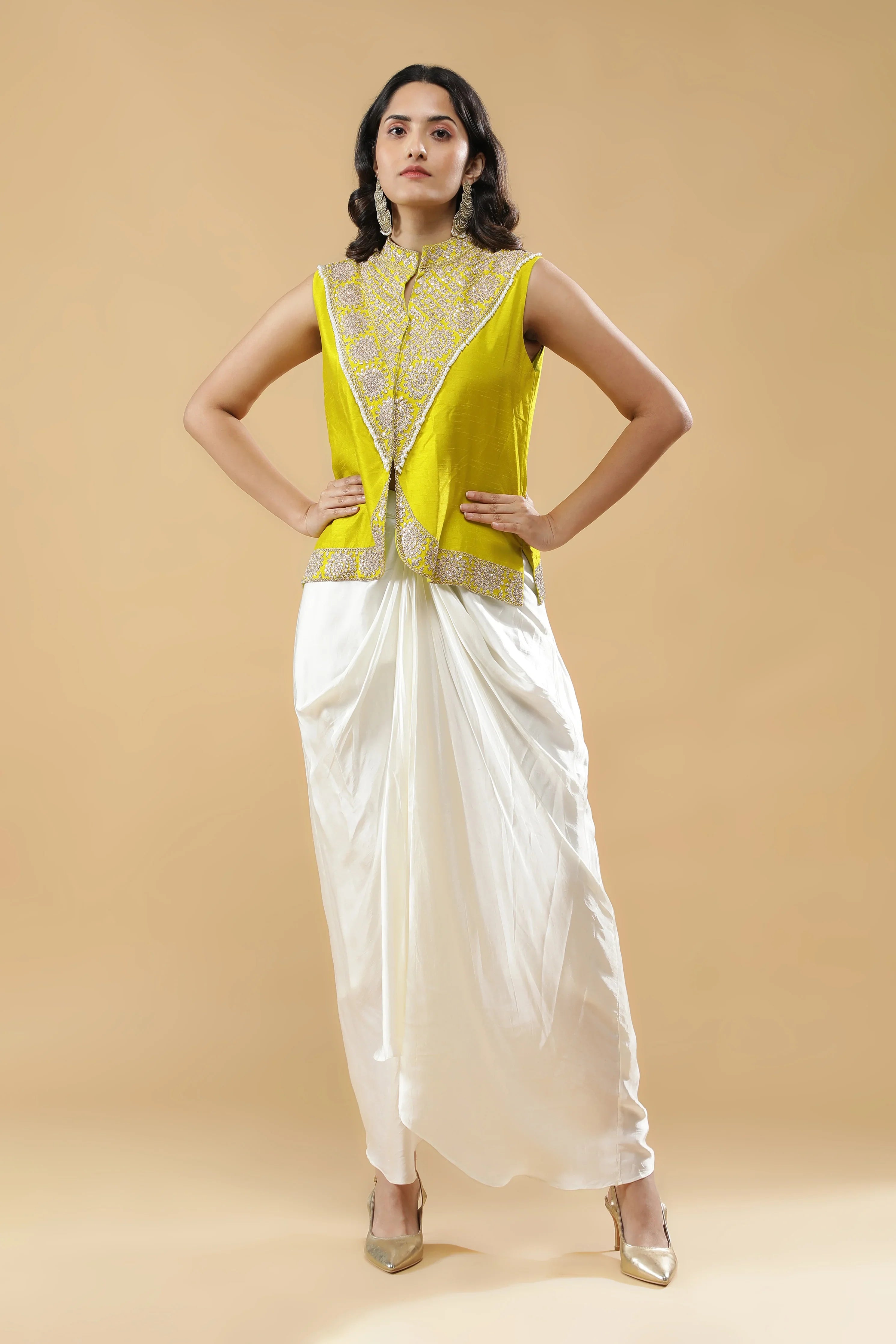 Lime Green Silk Embroidered Top with Off White Drape Skirt - Mokshaa