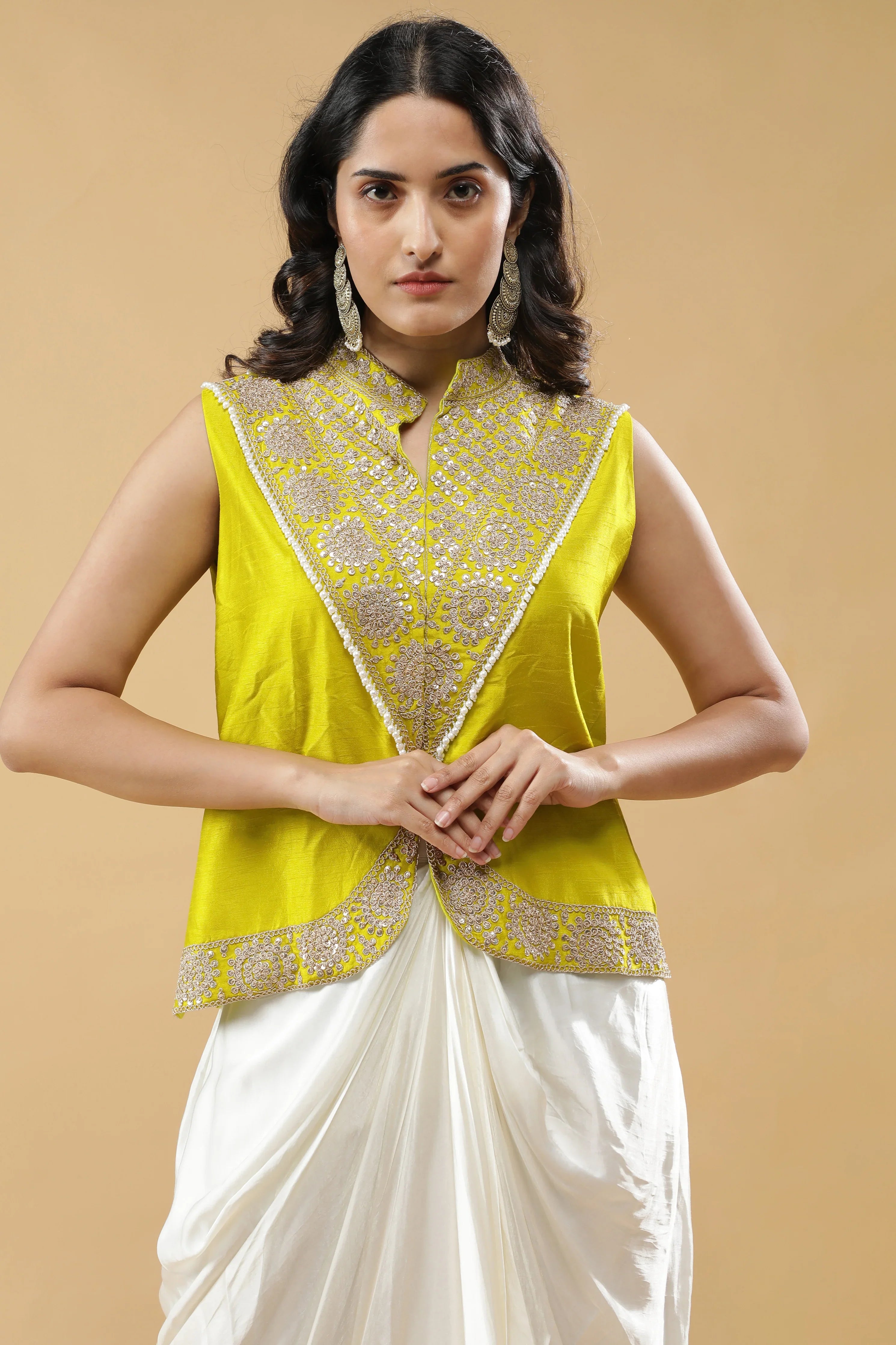 Lime Green Silk Embroidered Top with Off White Drape Skirt - Mokshaa