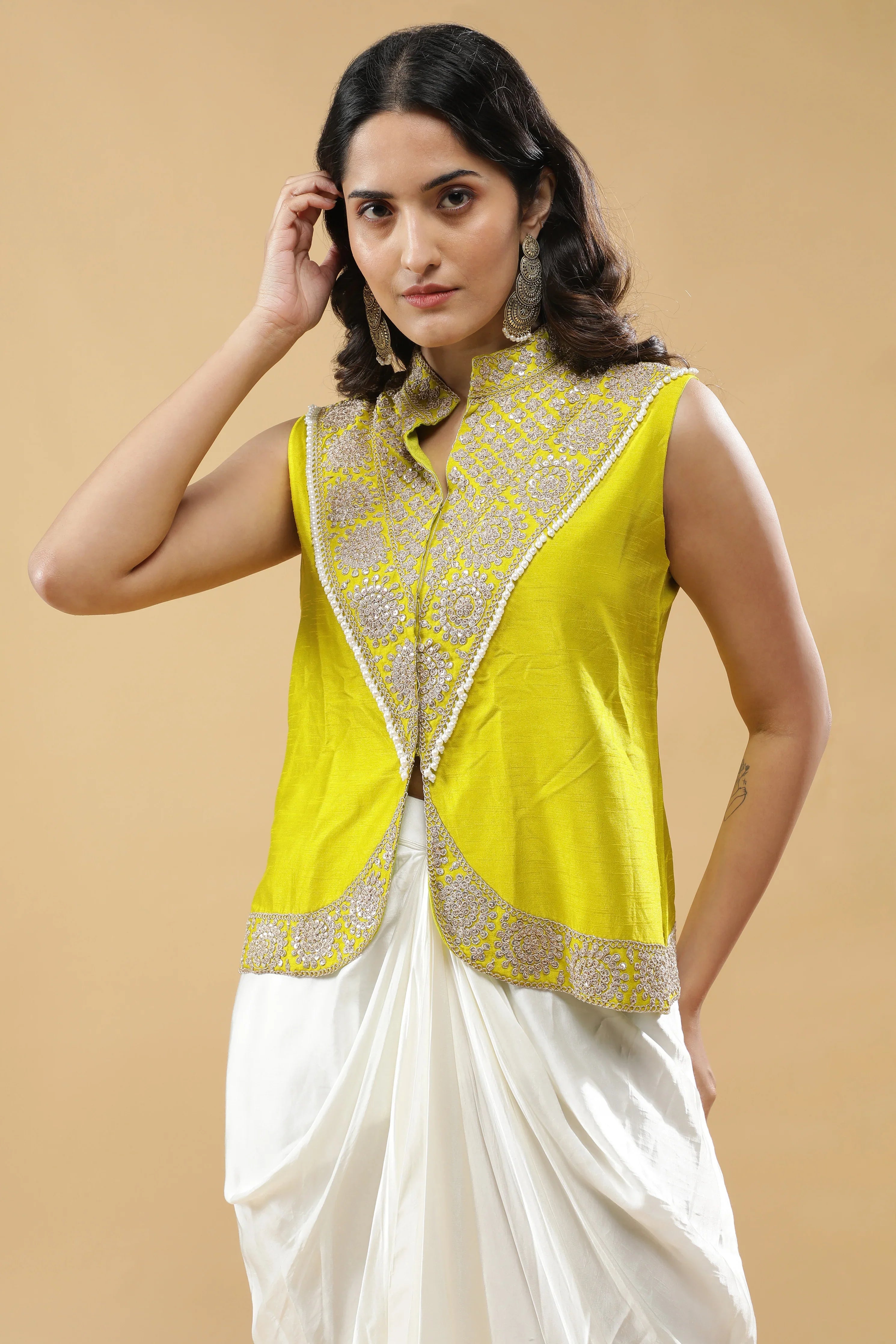 Lime Green Silk Embroidered Top with Off White Drape Skirt - Mokshaa