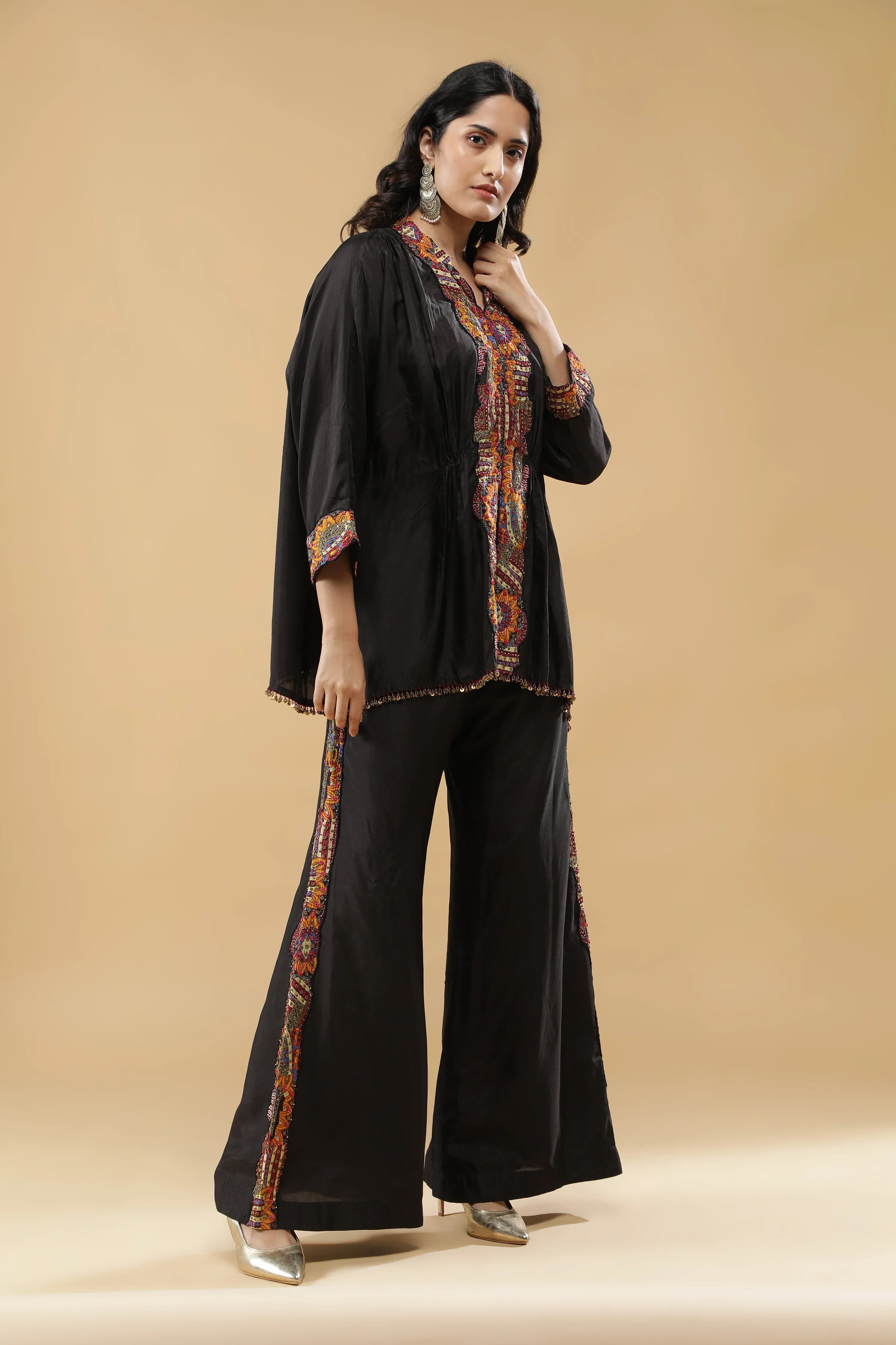 Black Embroidered Silk Co-Ord Set - Mokshaa