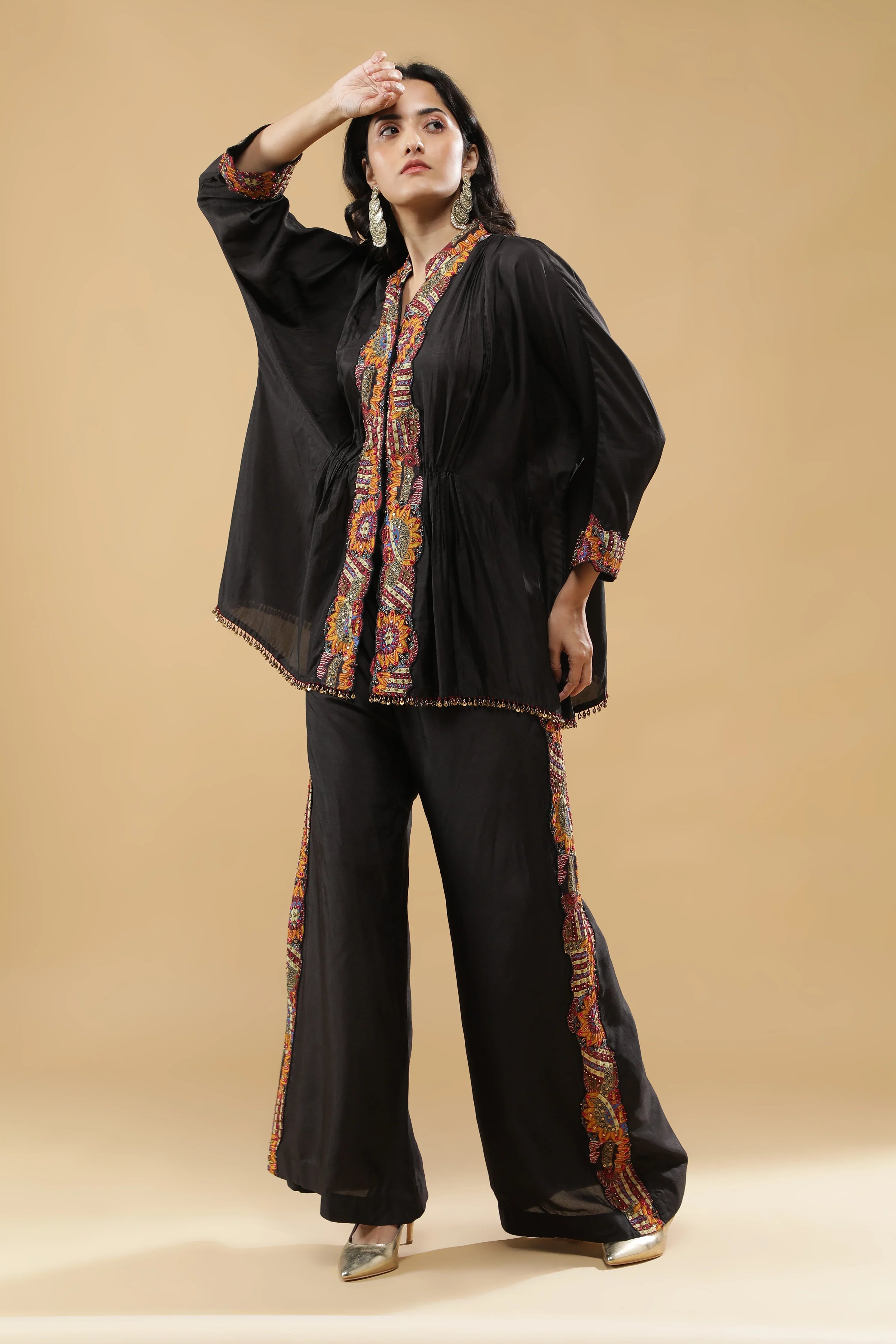 Black Embroidered Silk Co-Ord Set - Mokshaa