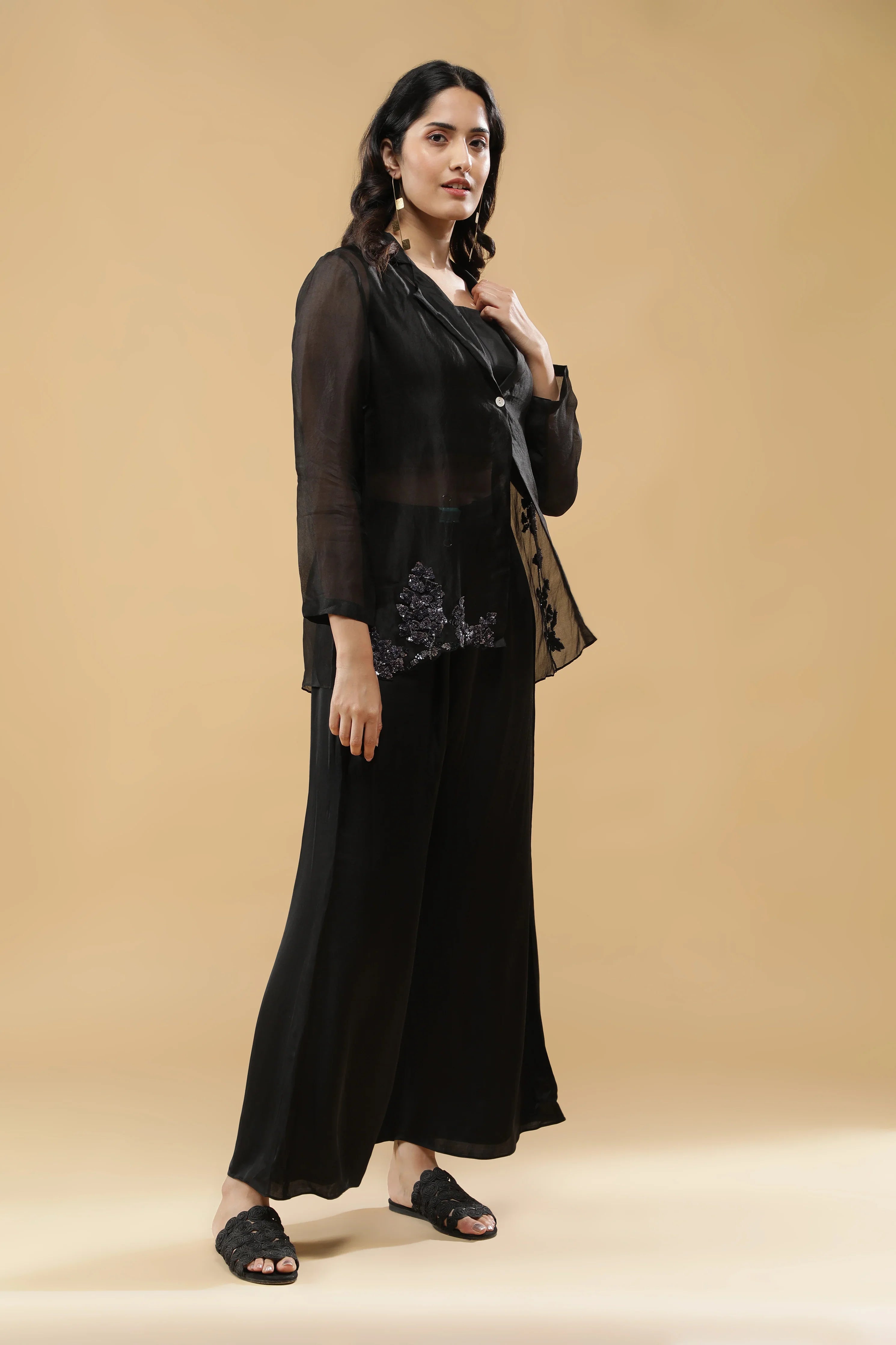 Black Organza Blazer Cord Set - Mokshaa