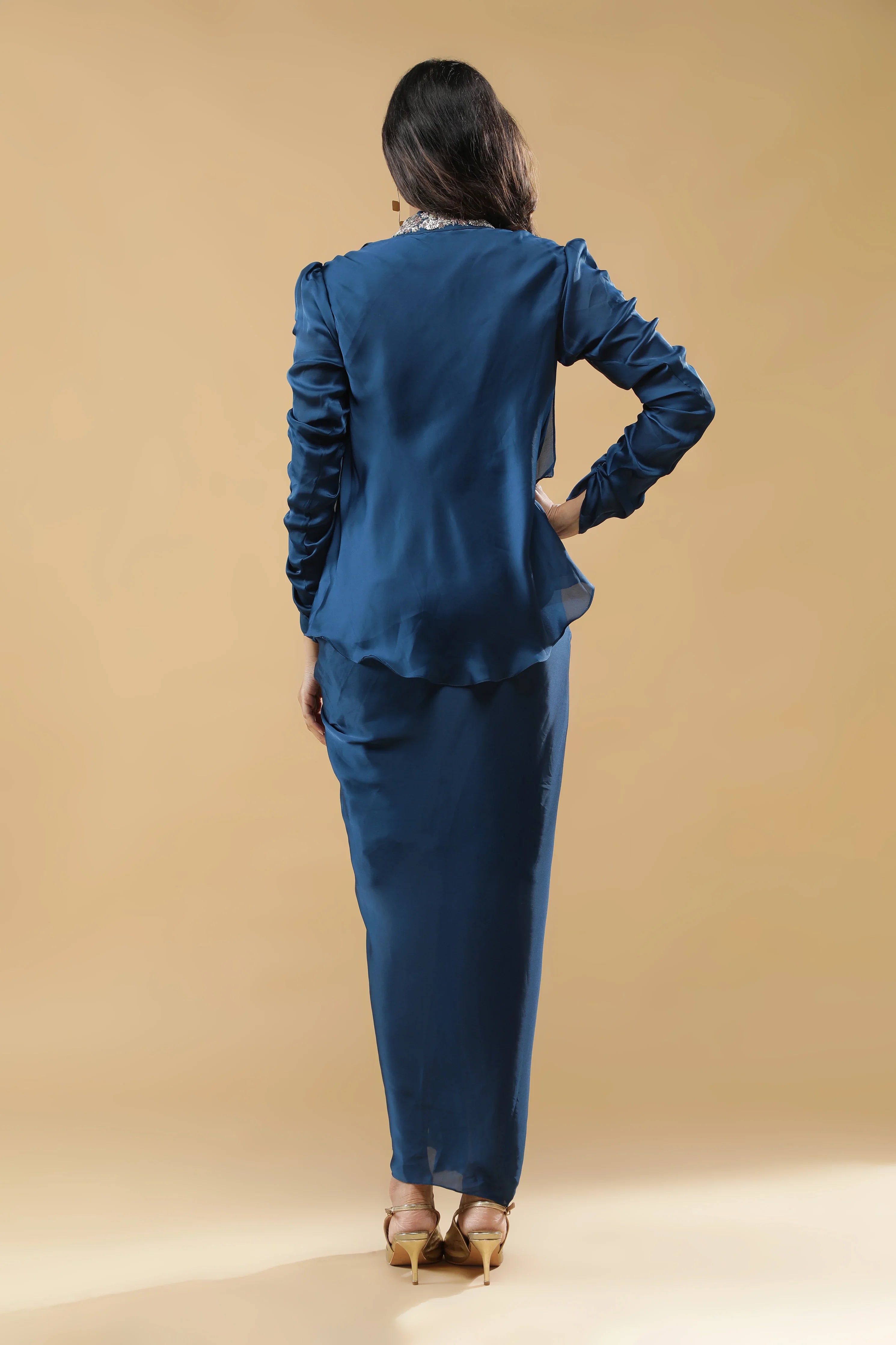 Blue Satin Silk Indo-Western Set - Mokshaa