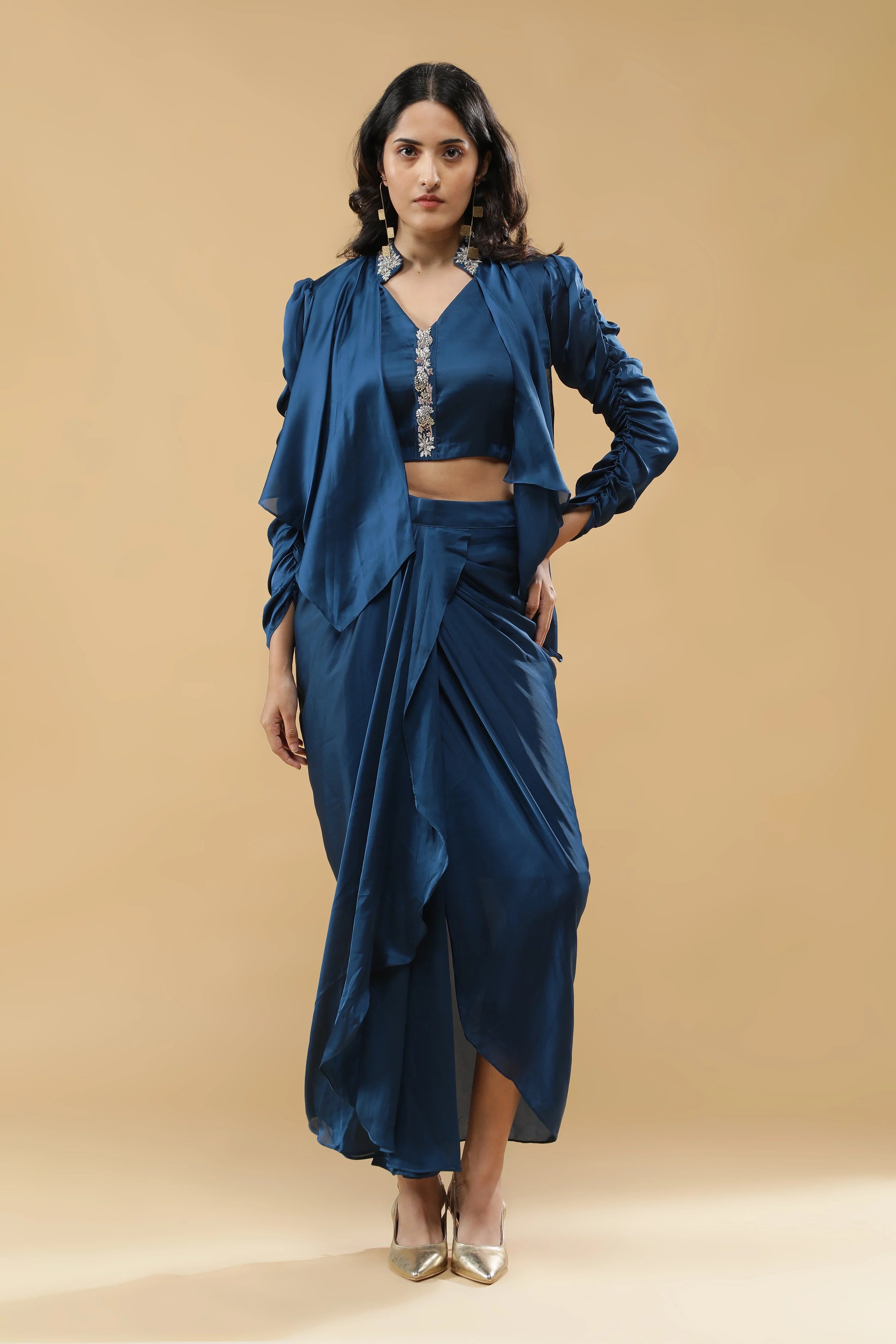 Blue Satin Silk Indo-Western Set - Mokshaa