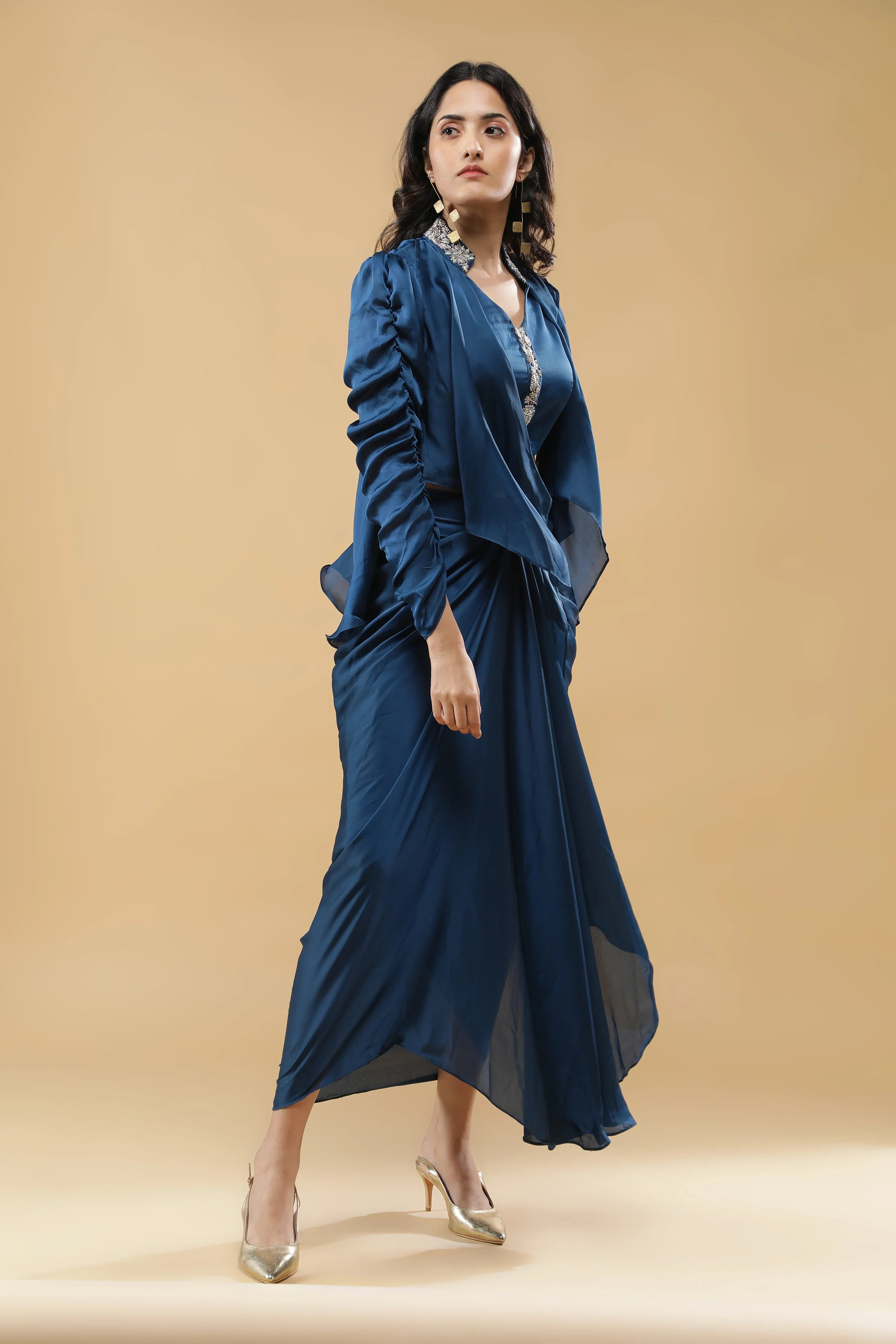 Blue Satin Silk Indo-Western Set - Mokshaa