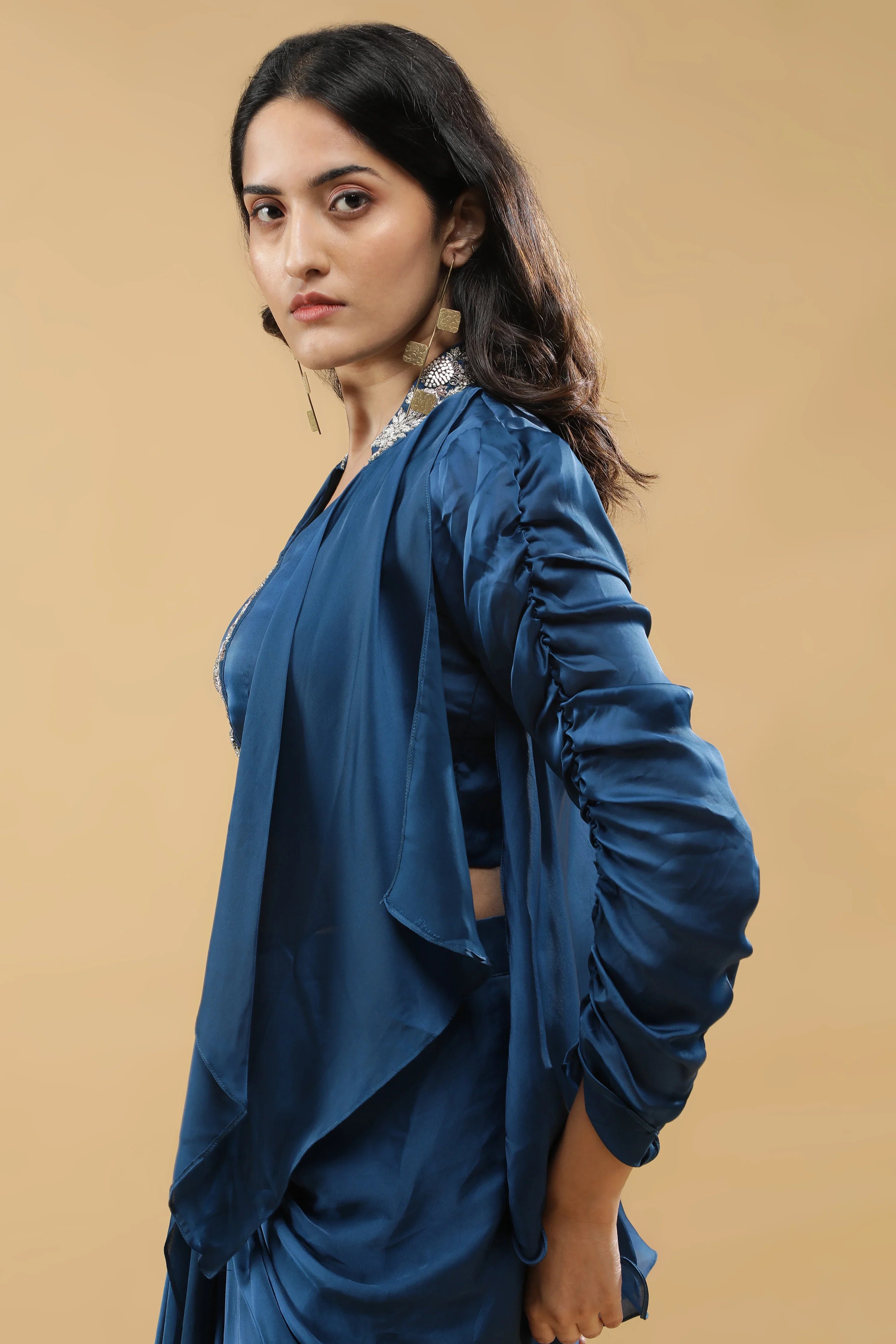 Blue Satin Silk Indo-Western Set - Mokshaa