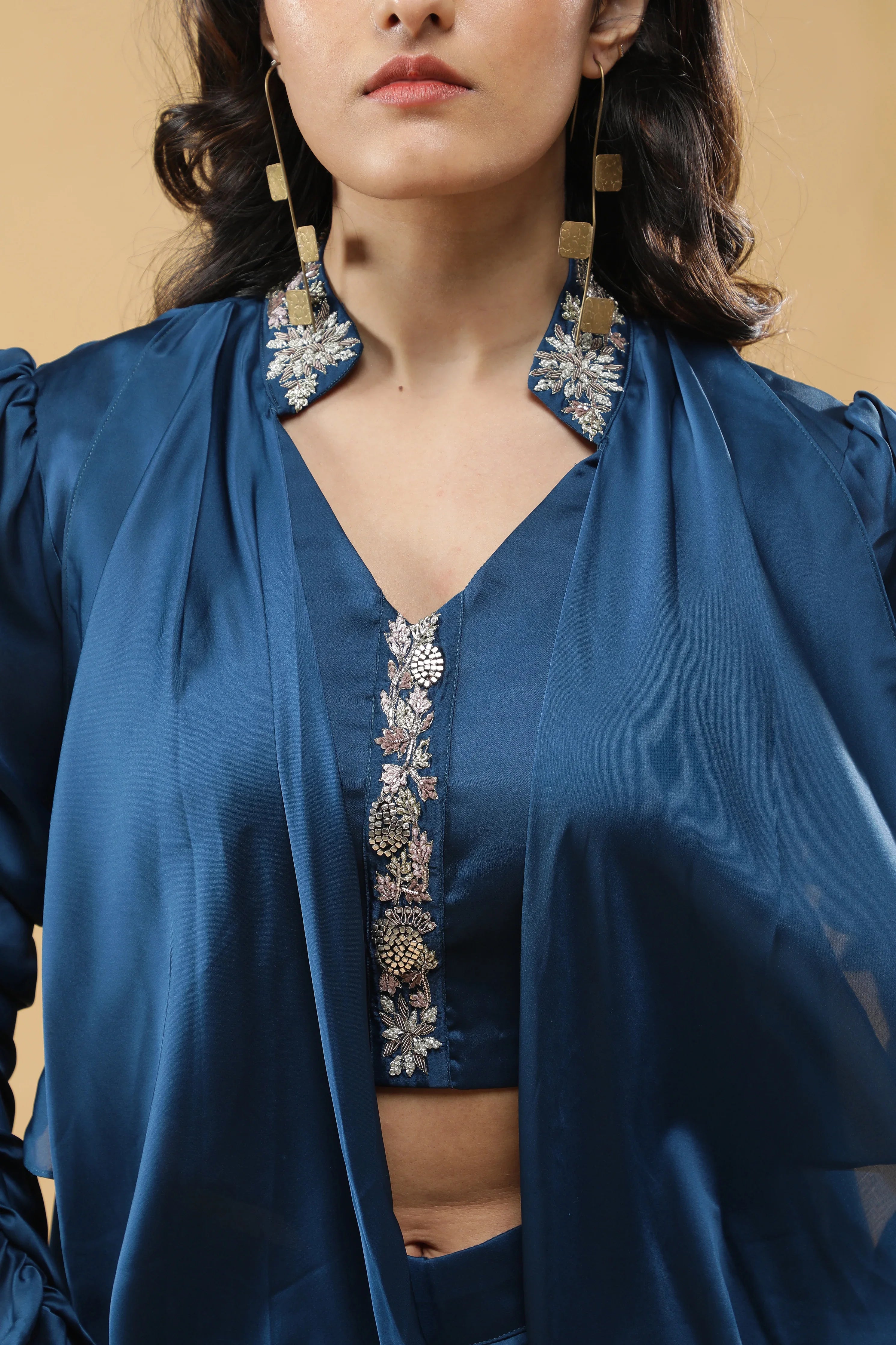 Blue Satin Silk Indo-Western Set - Mokshaa