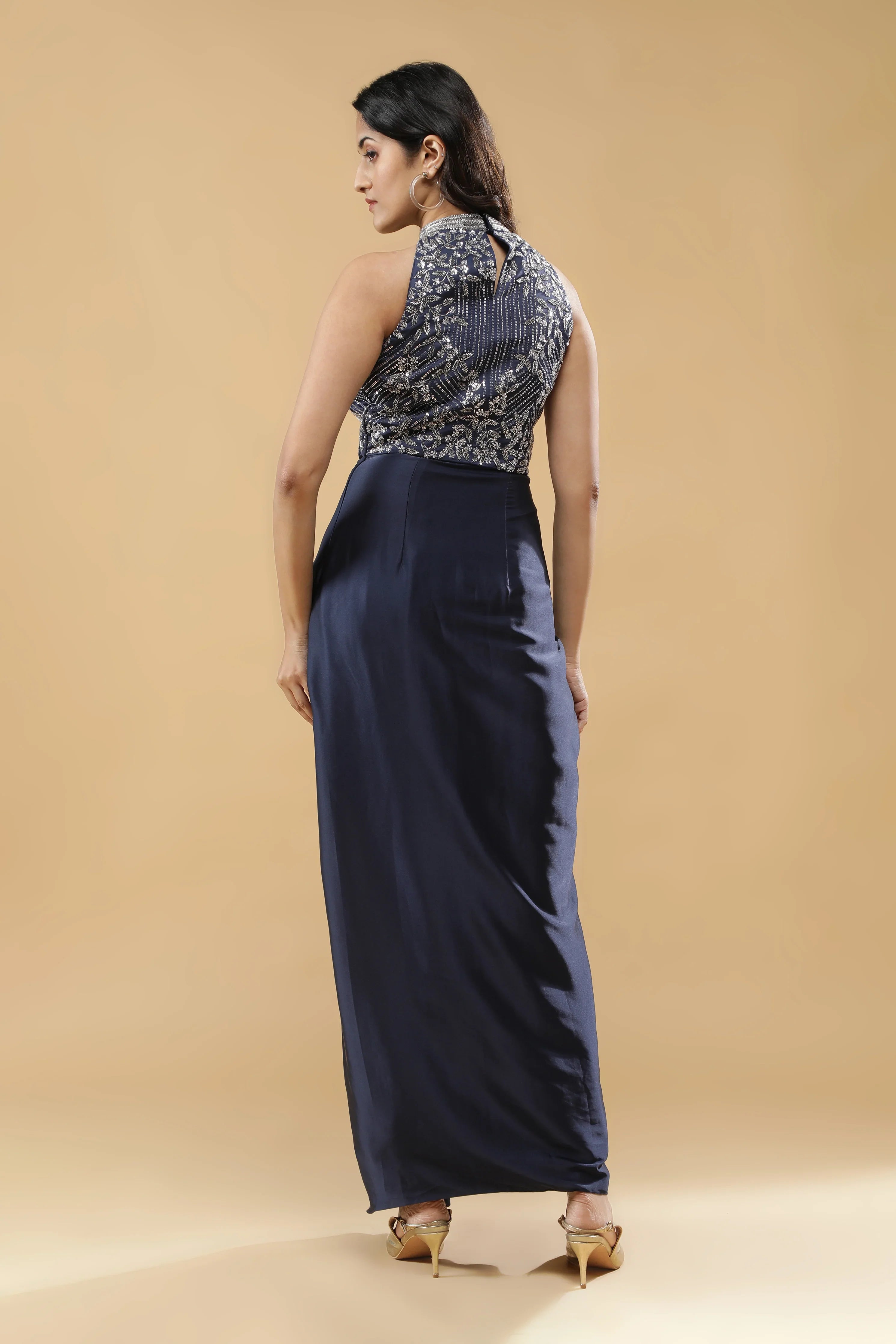 Navy Blue Satin Silk Drape Gown - Mokshaa