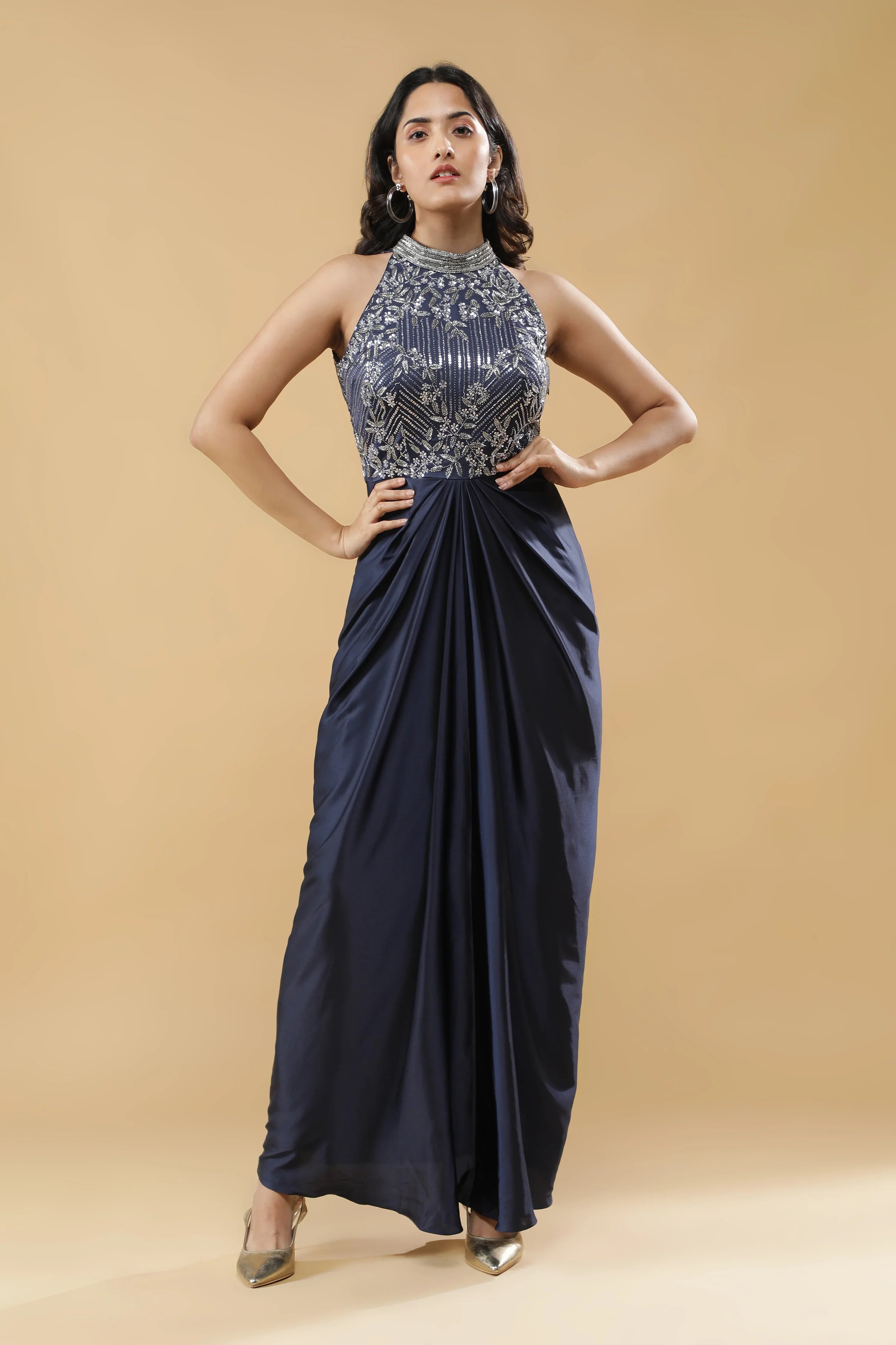 Navy Blue Satin Silk Drape Gown - Mokshaa