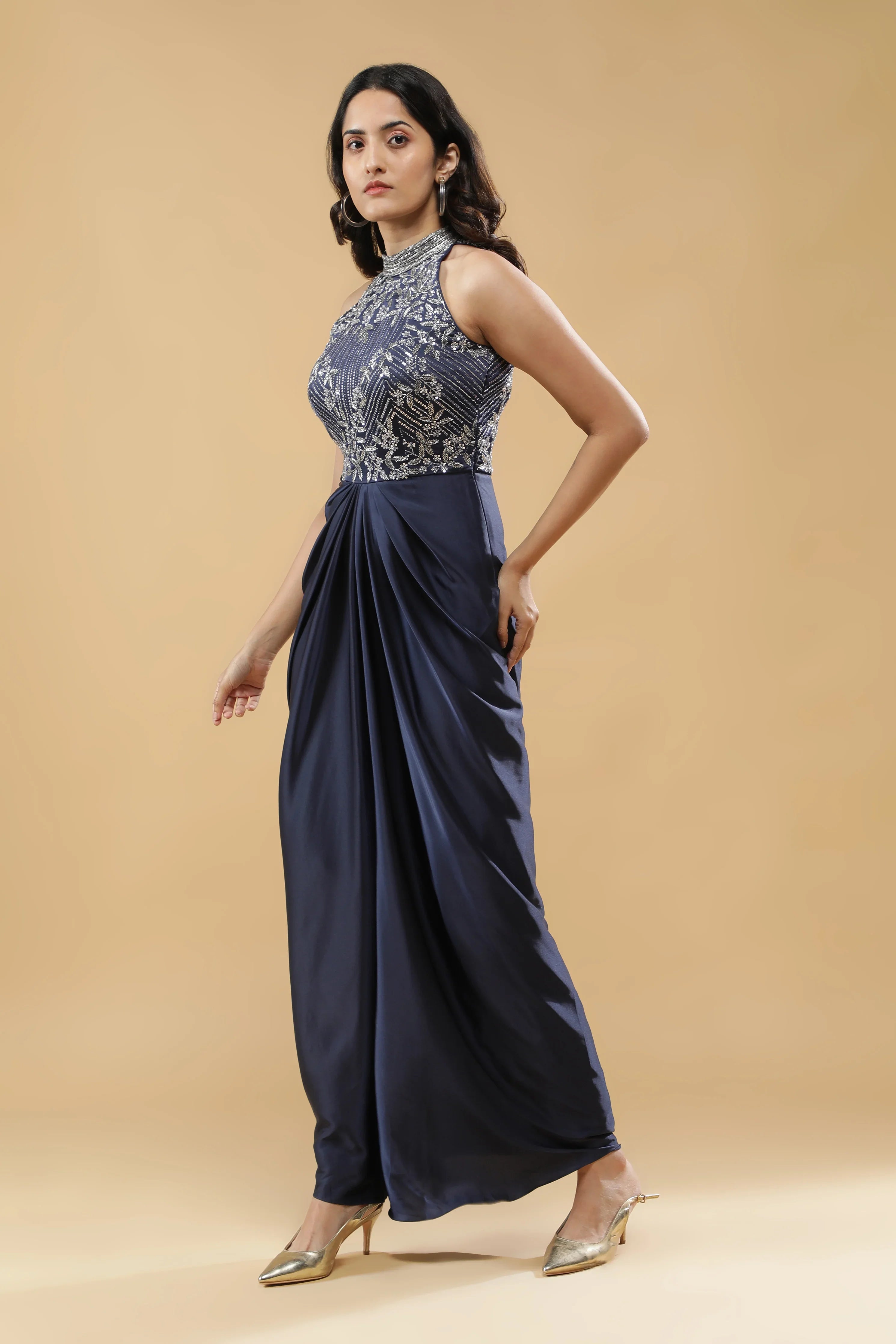 Navy Blue Satin Silk Drape Gown - Mokshaa