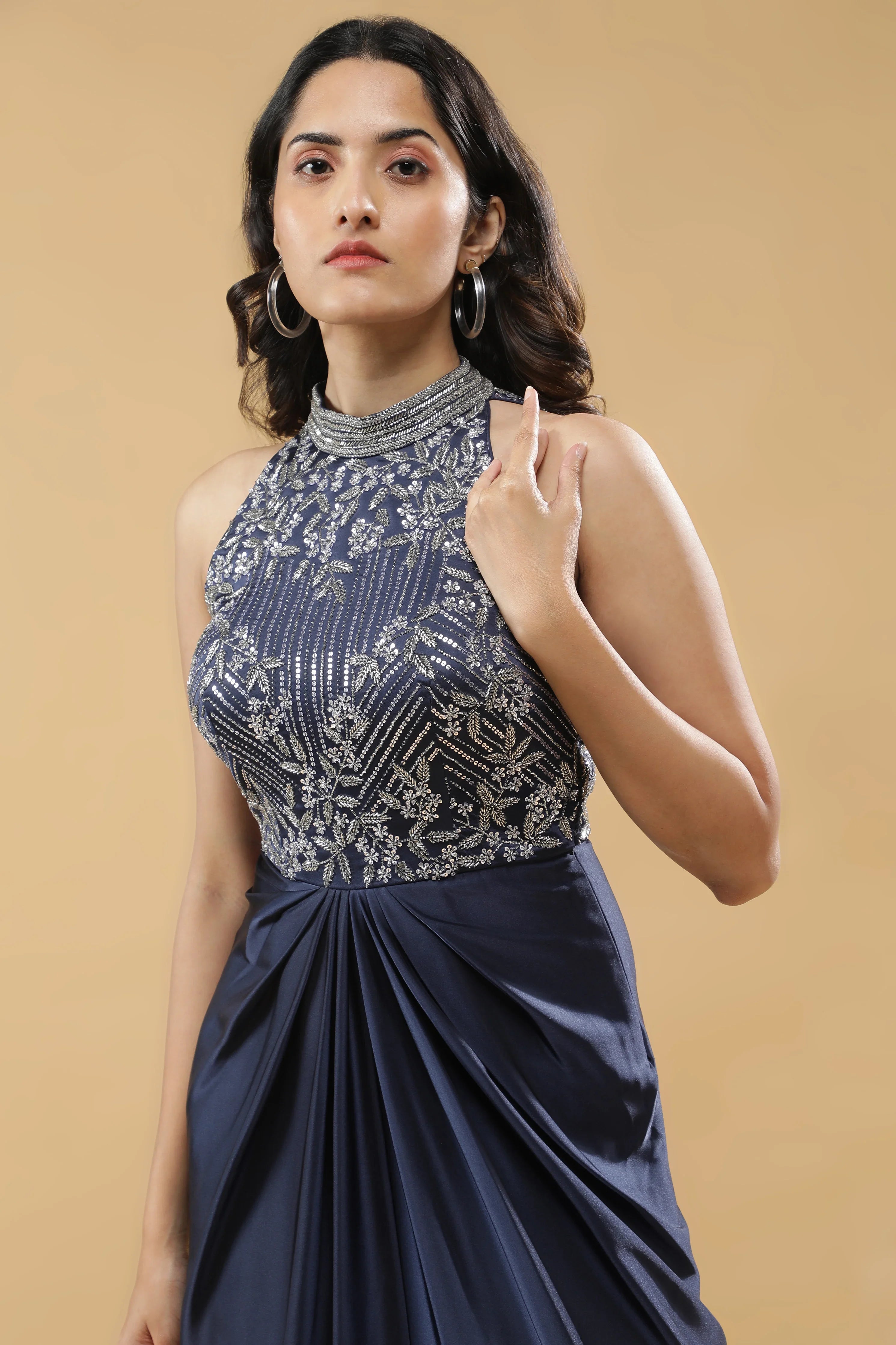 Navy Blue Satin Silk Drape Gown - Mokshaa