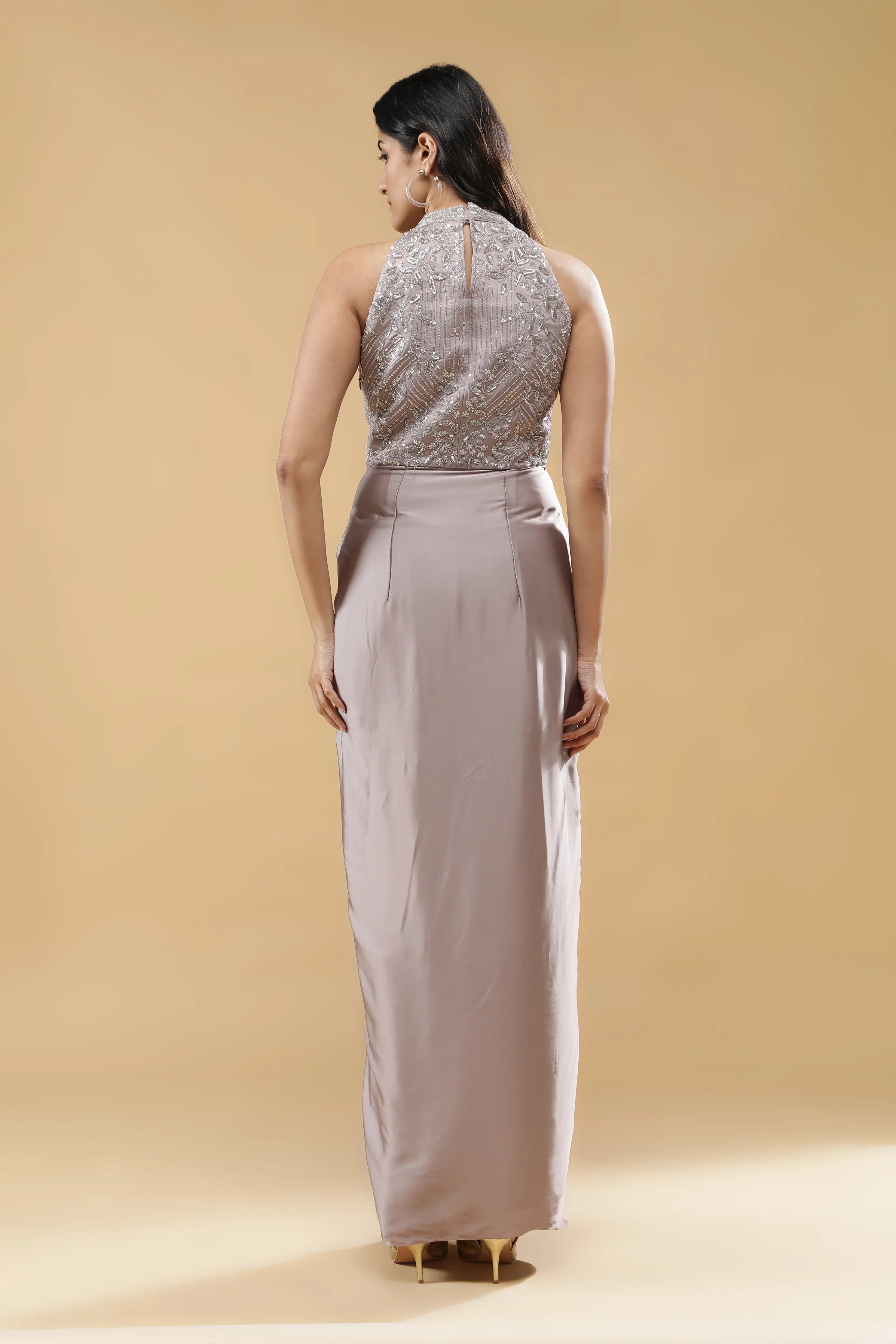Lilac Satin Silk Drape Gown - Mokshaa