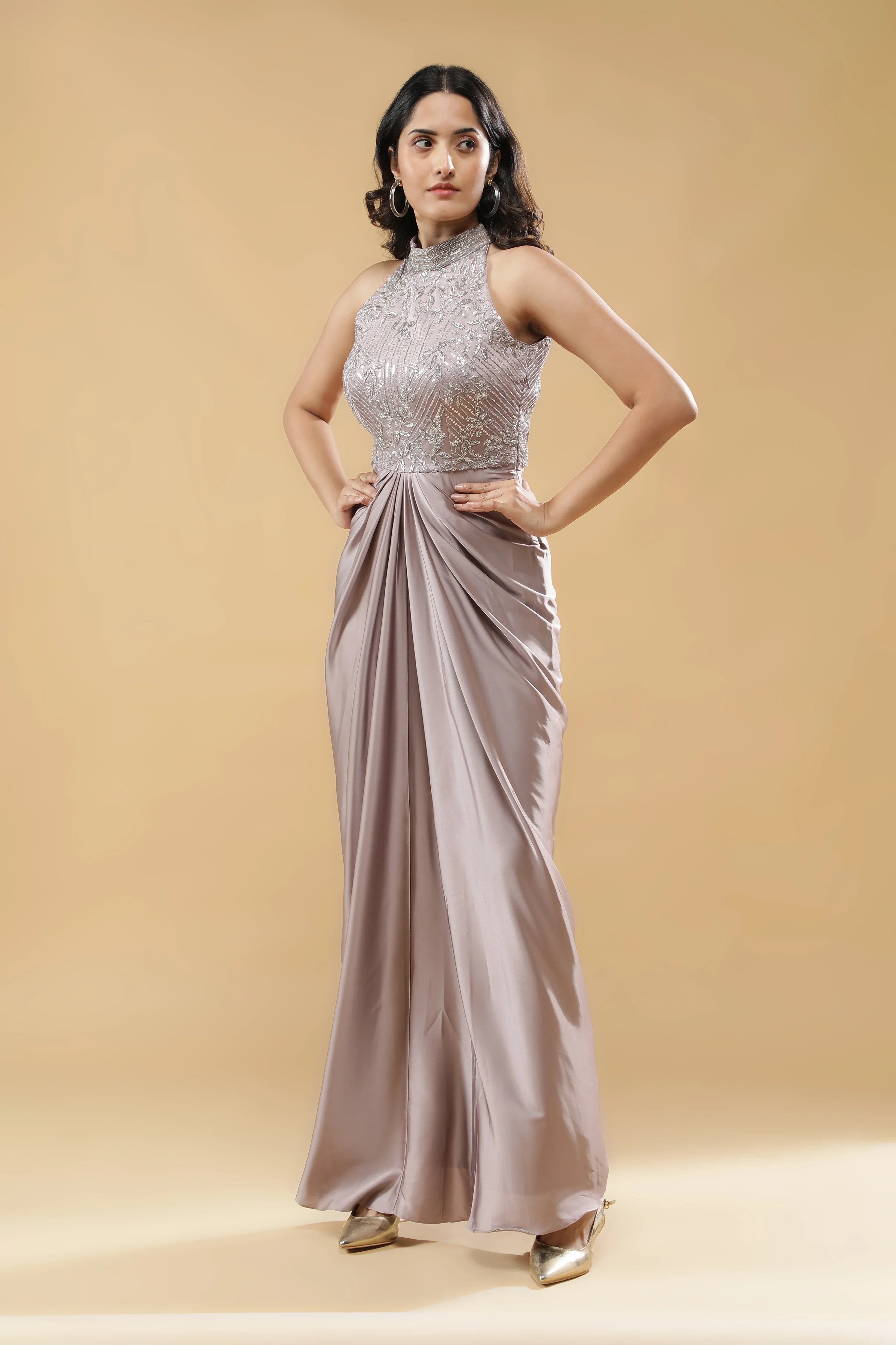 Lilac Satin Silk Drape Gown - Mokshaa