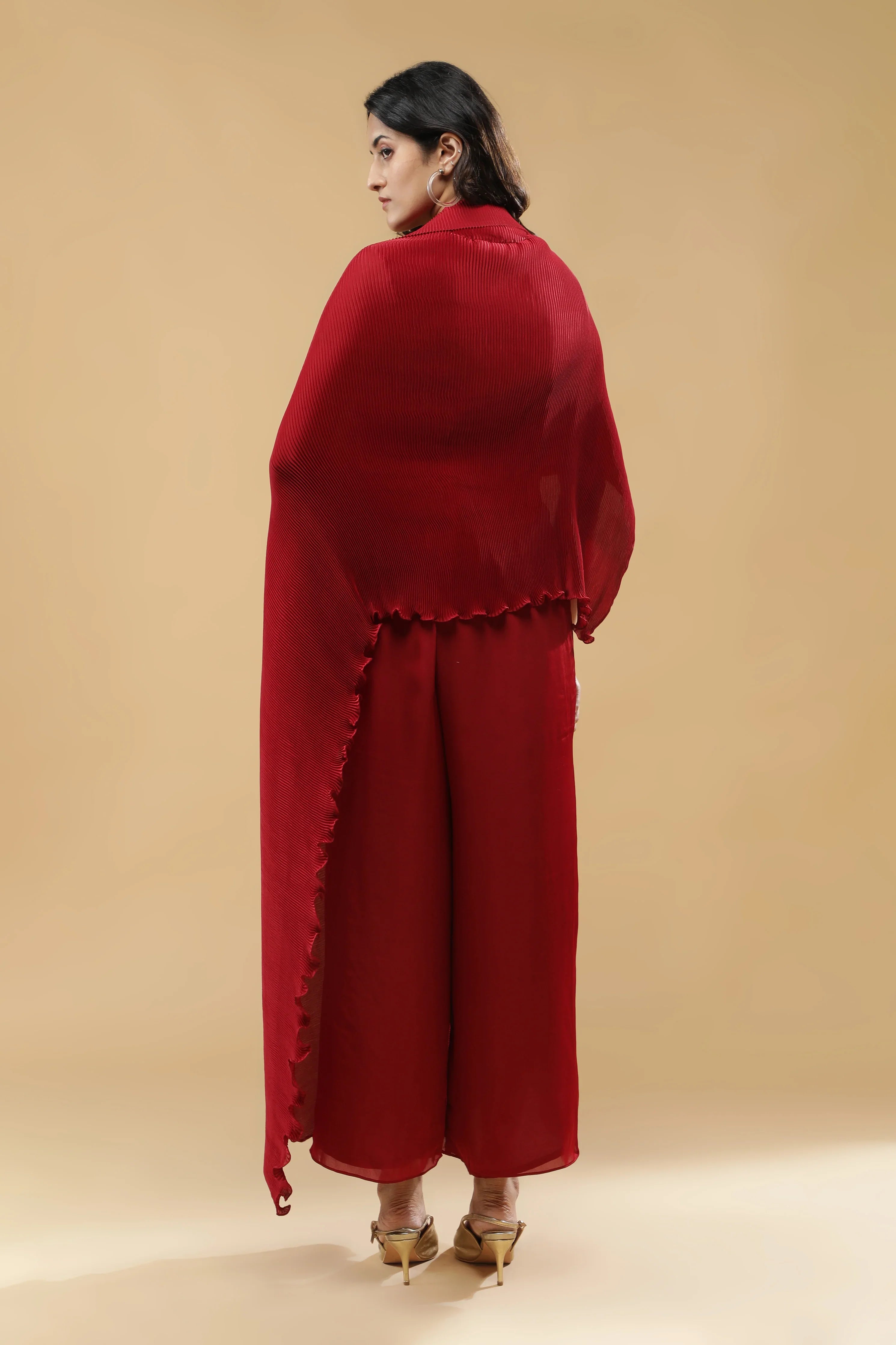 Red Pleated Indo-Western Set - Mokshaa