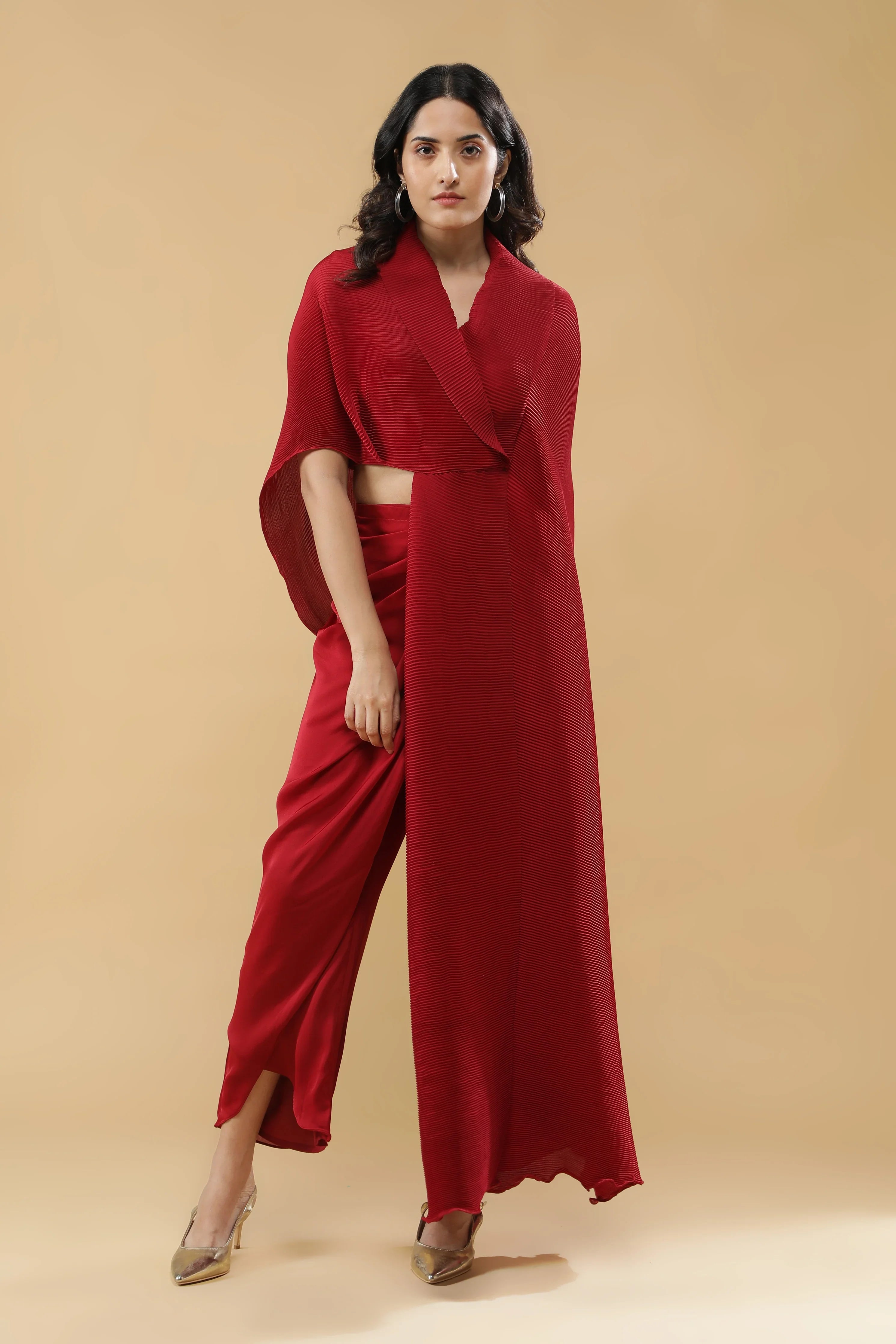 Red Pleated Indo-Western Set - Mokshaa