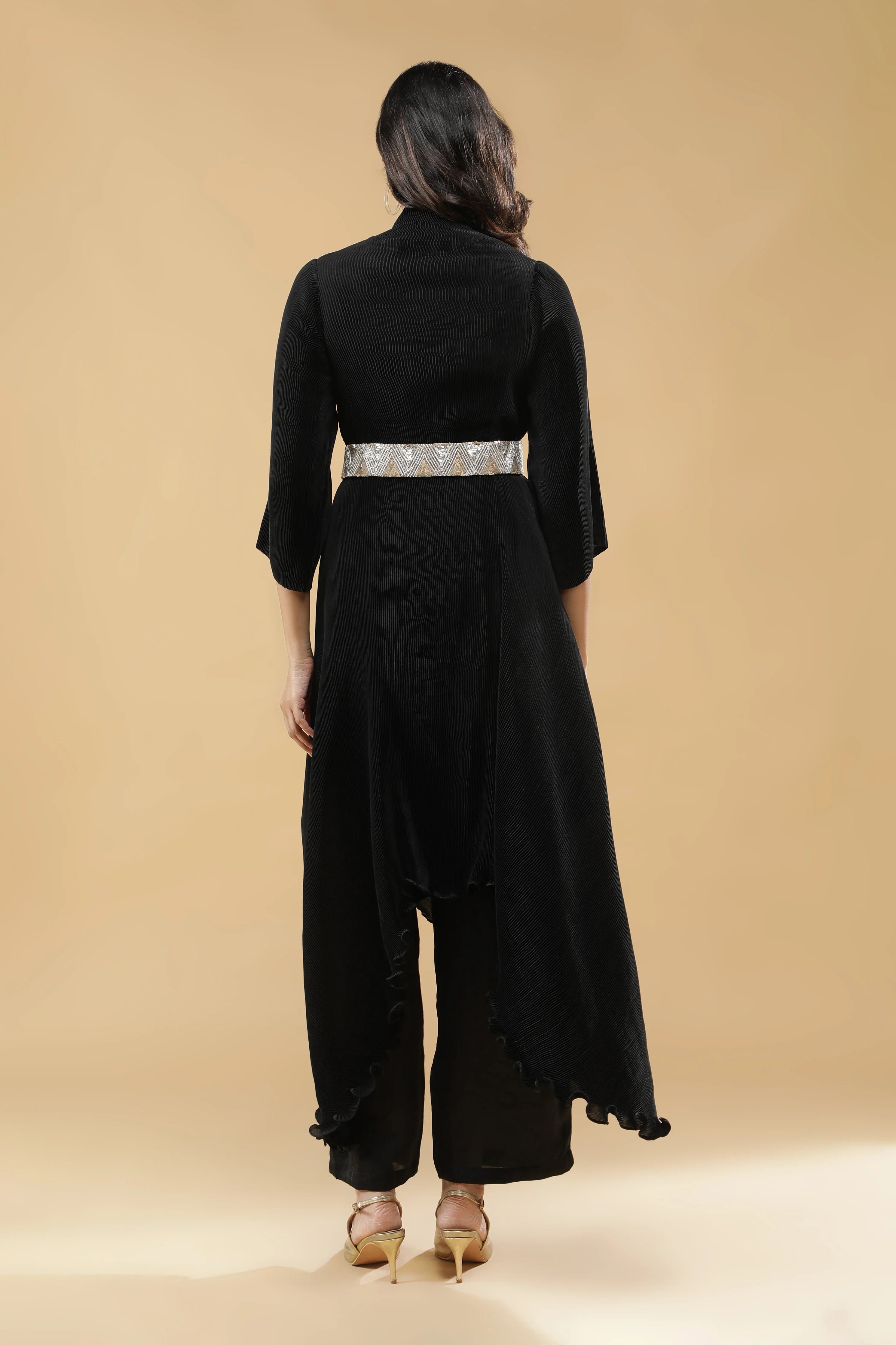Black Pleated Indowestern Set with Embroidered Belt - Mokshaa