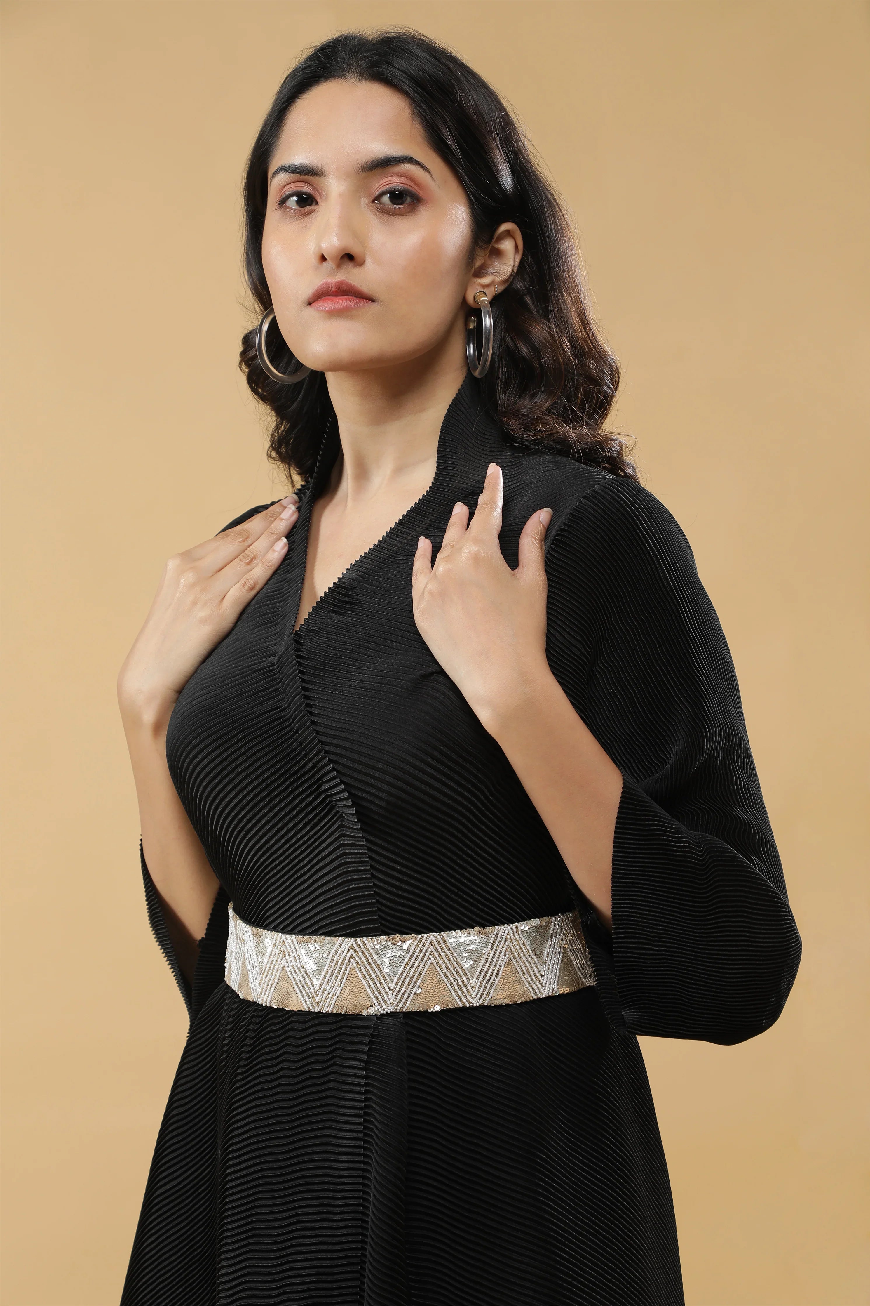 Black Pleated Indowestern Set with Embroidered Belt - Mokshaa