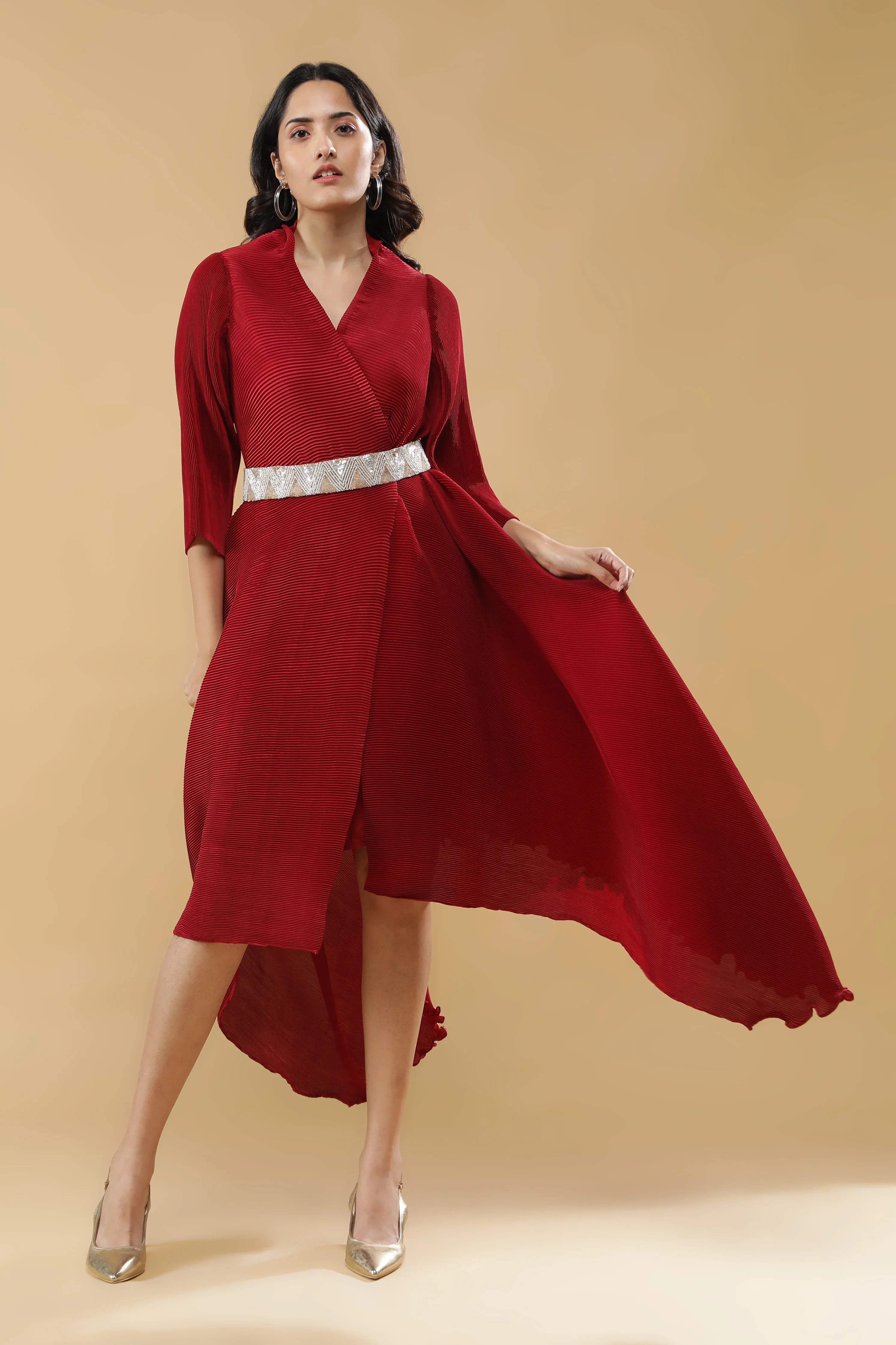 Red Pleated Dress with Embroidered Belt - Mokshaa