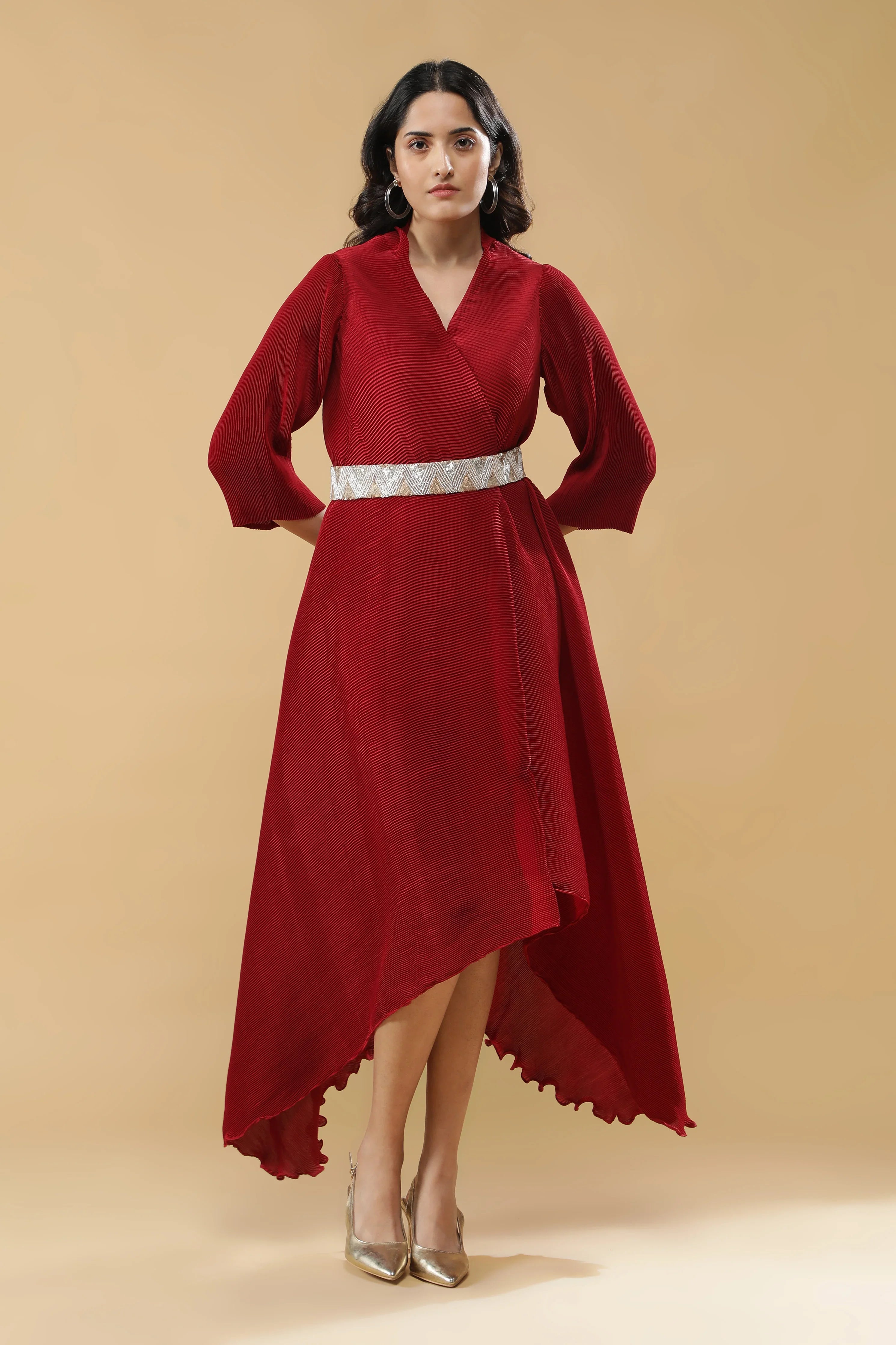 Red Pleated Dress with Embroidered Belt - Mokshaa