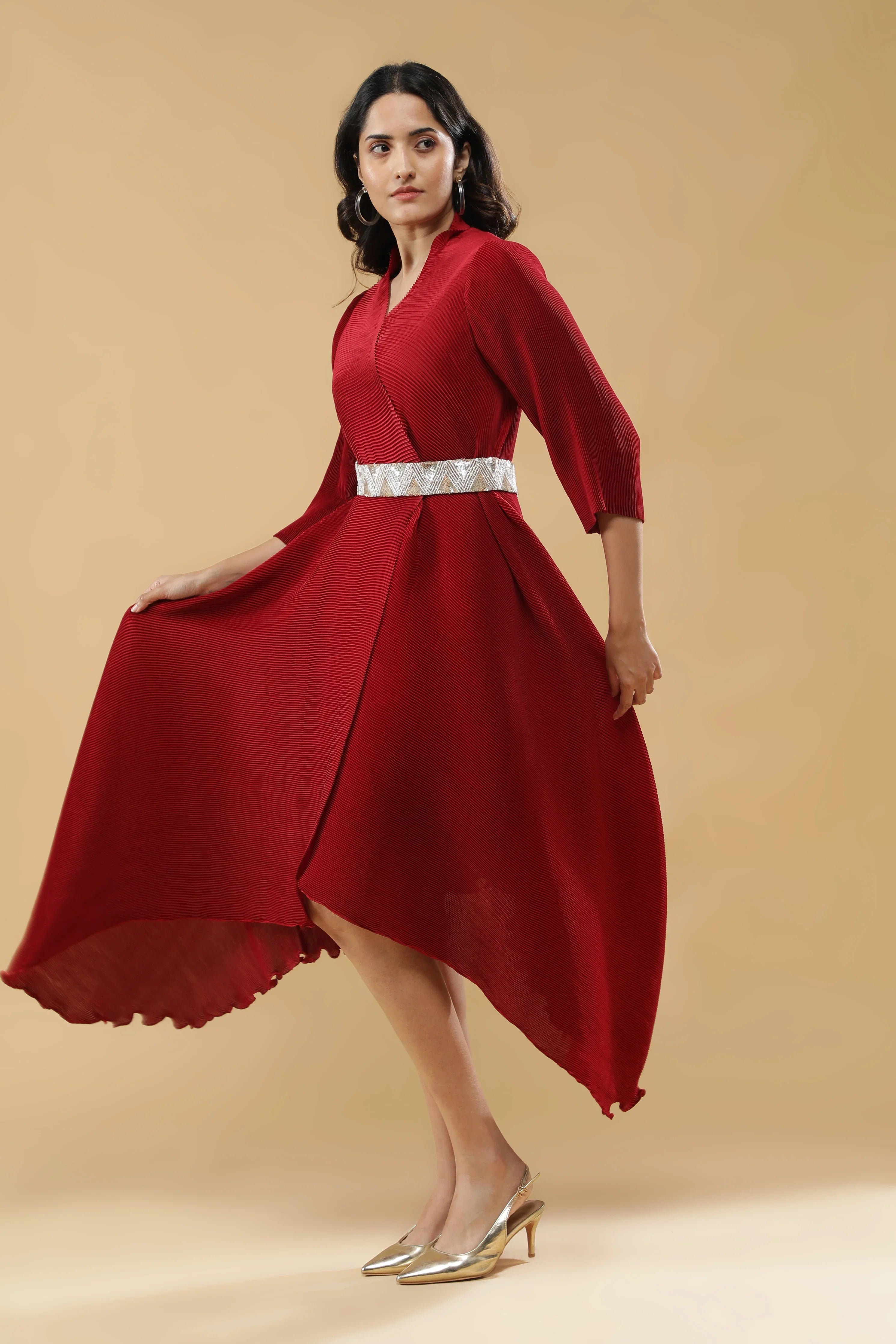 Red Pleated Dress with Embroidered Belt - Mokshaa