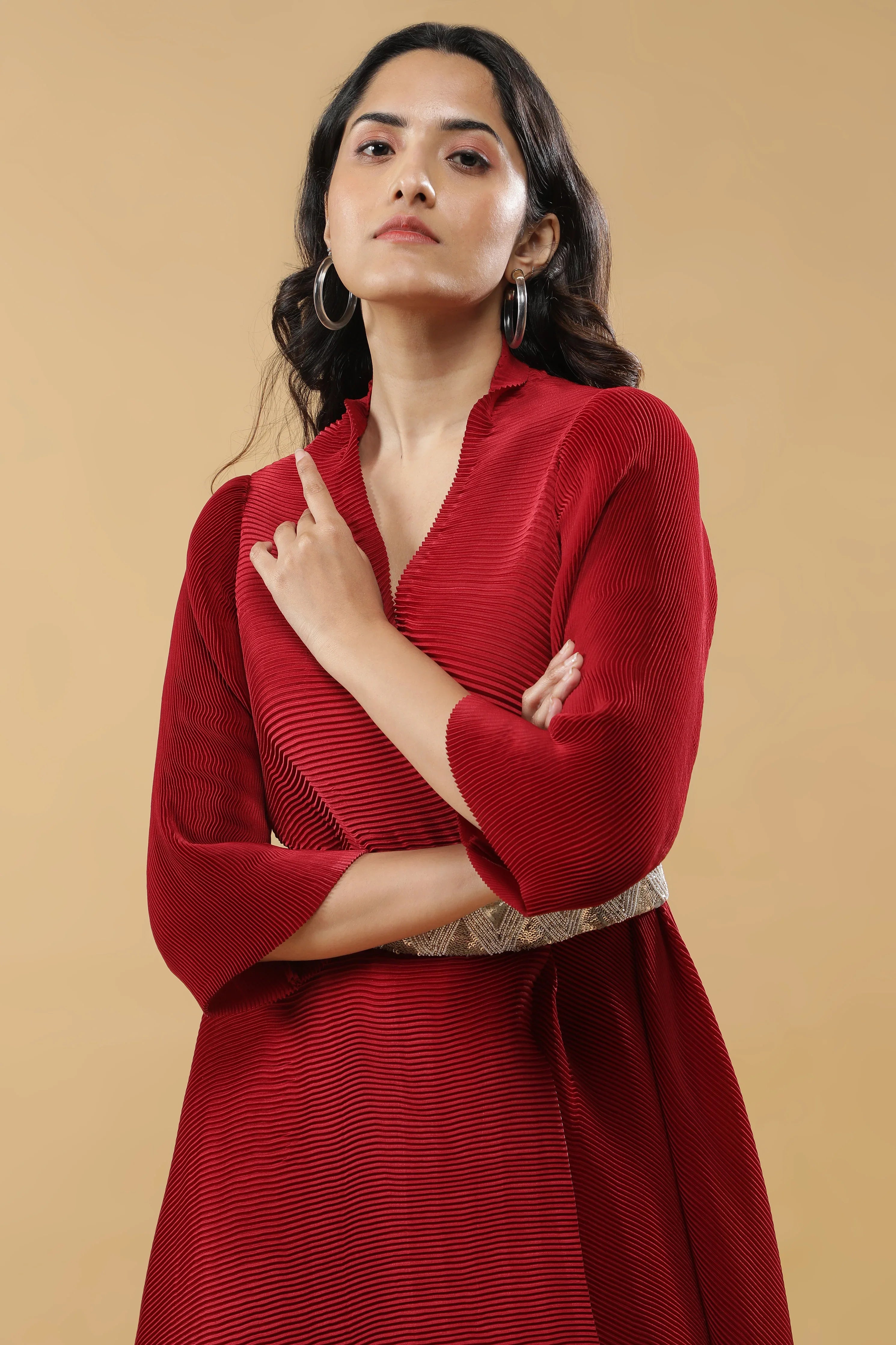 Red Pleated Dress with Embroidered Belt - Mokshaa