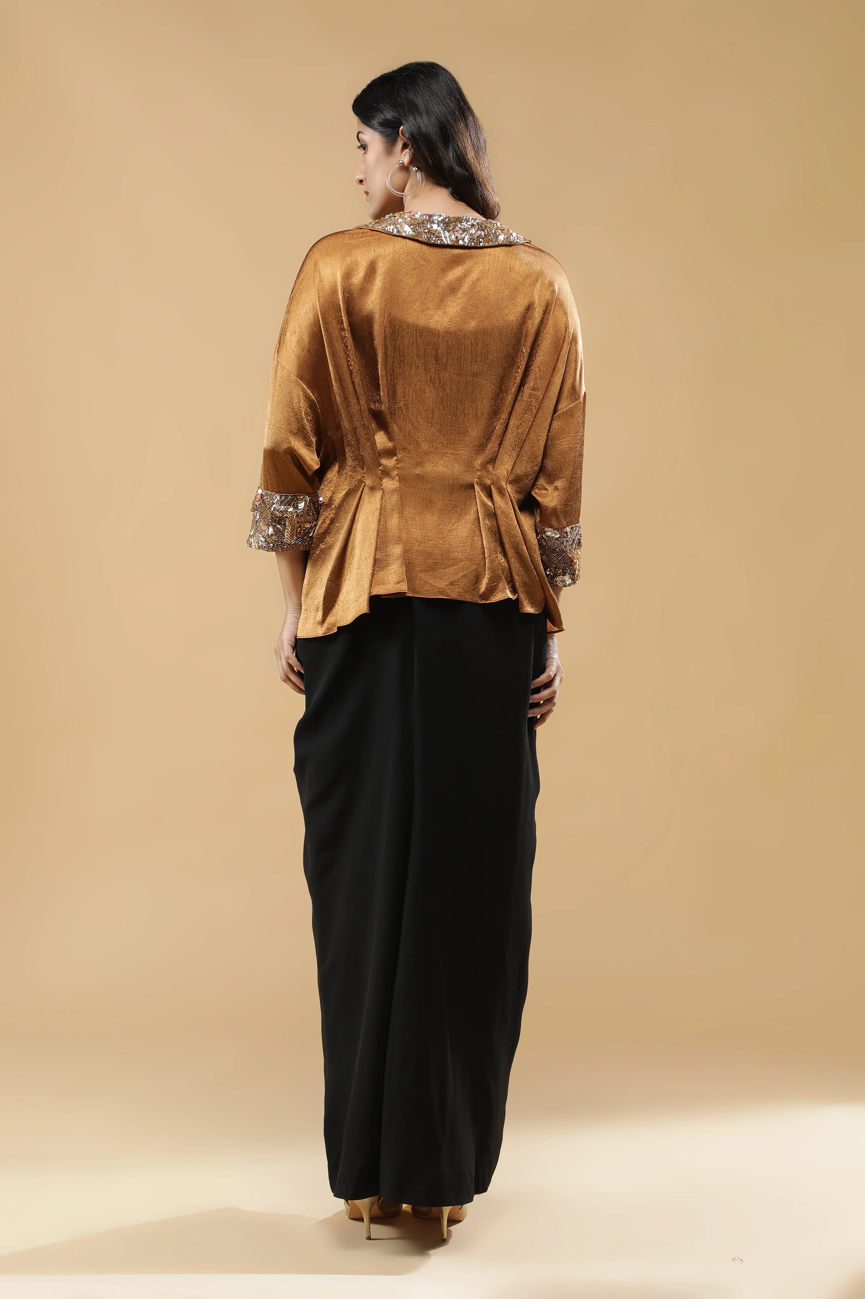 Golden Crushed Silk Top with Black Drape Skirt - Mokshaa