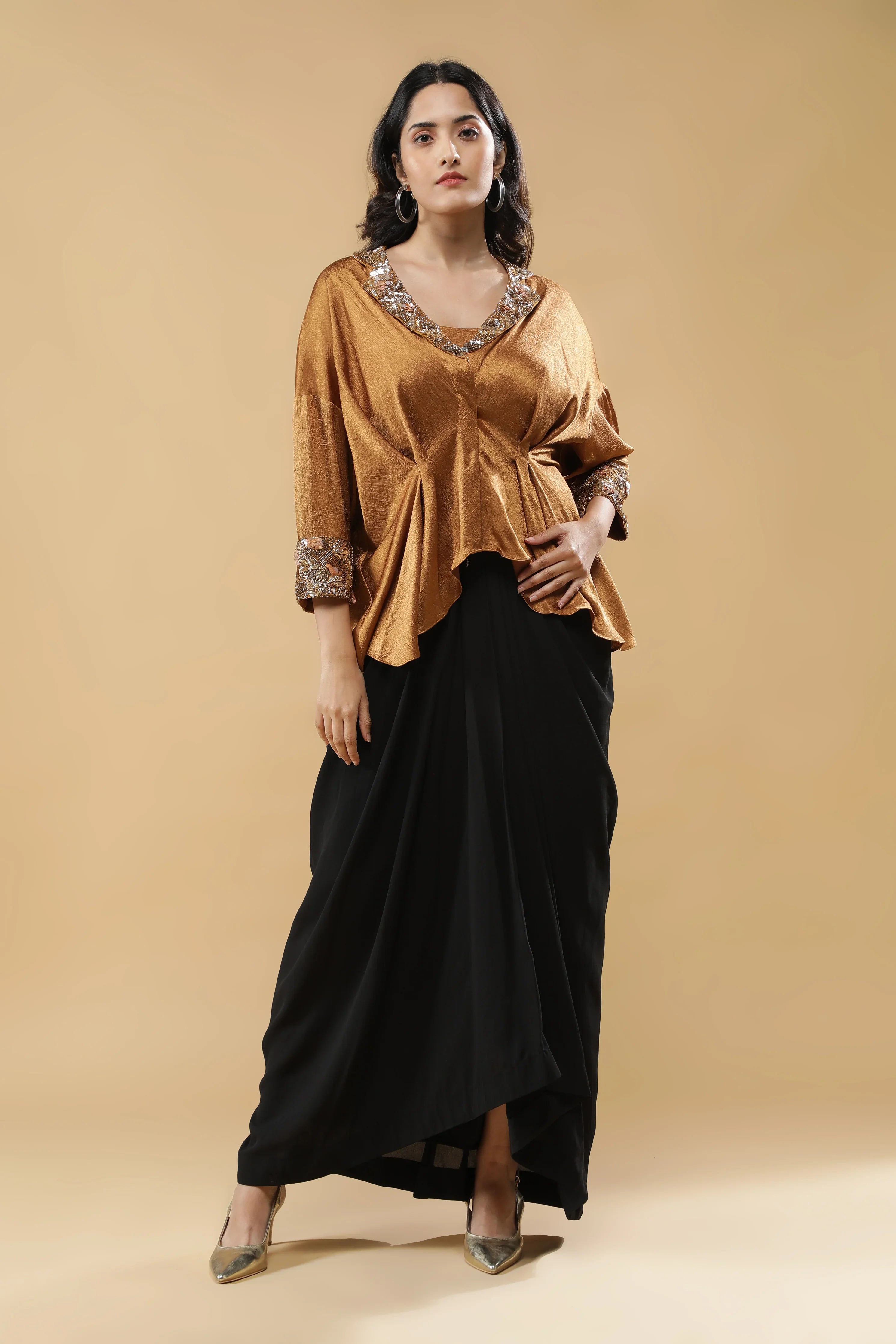 Golden Crushed Silk Top with Black Drape Skirt - Mokshaa