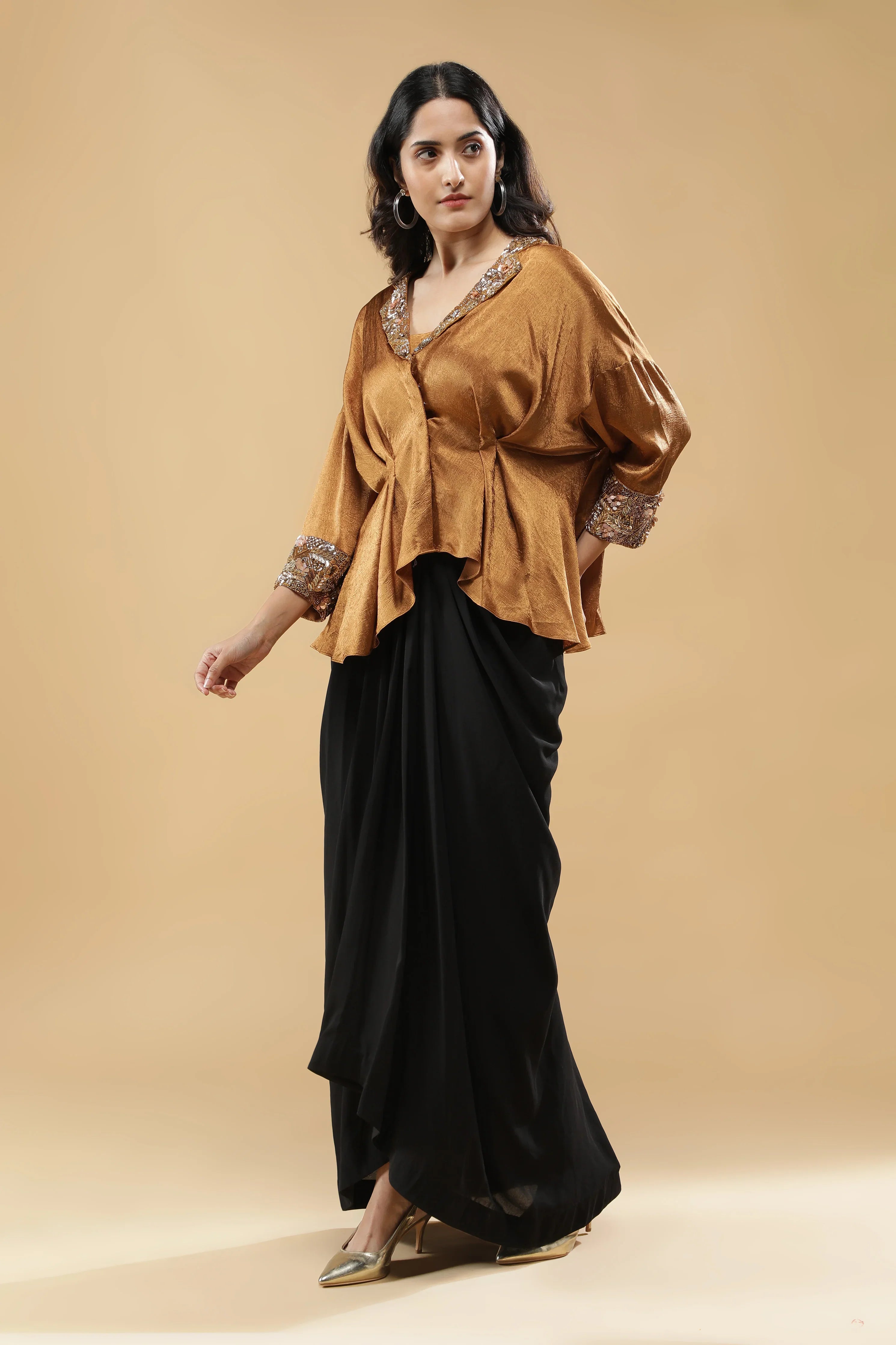 Golden Crushed Silk Top with Black Drape Skirt - Mokshaa