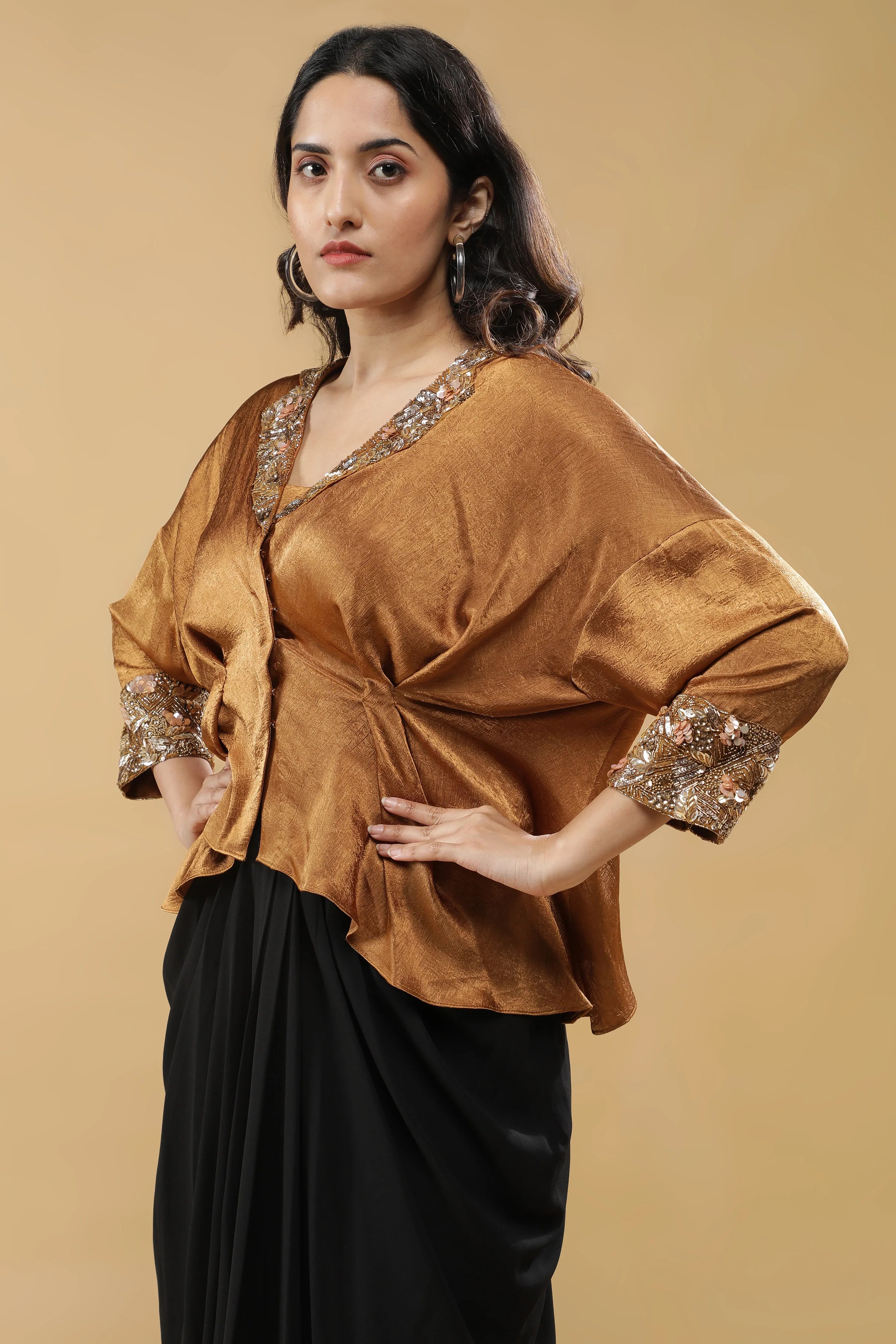 Golden Crushed Silk Top with Black Drape Skirt - Mokshaa