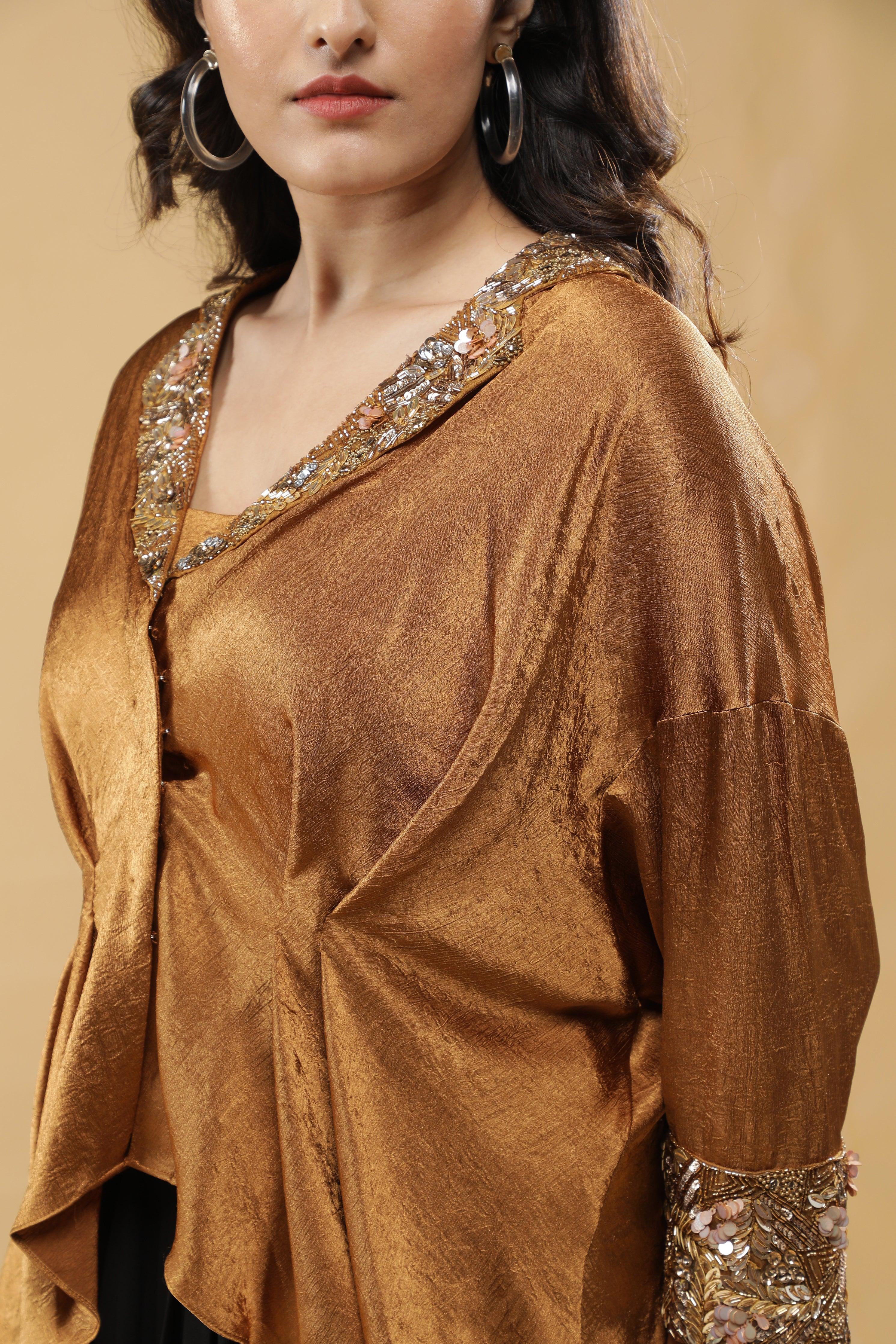 Golden Crushed Silk Top with Black Drape Skirt - Mokshaa